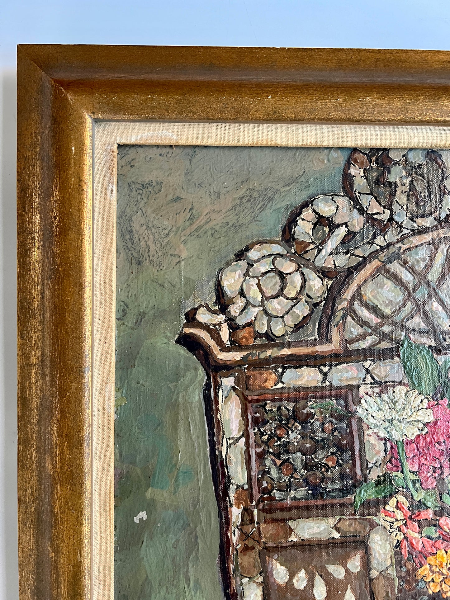 Herman Rose Still Life of Chair, Shell, Pomegranate, Books and Flowers in Gold Frame