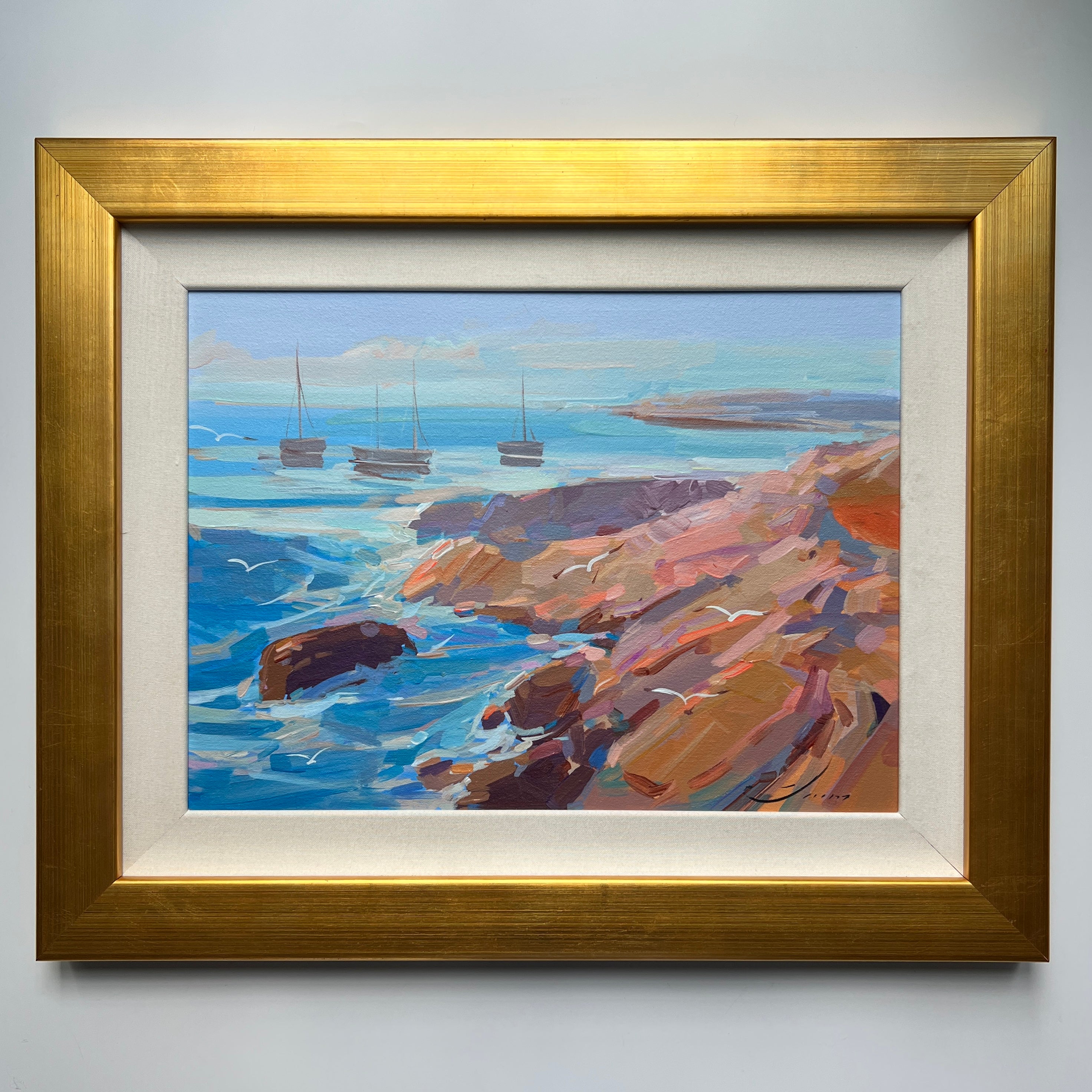 Vlad Yakerson Coloful Coastal Painting on Canvas Sailboats in Cove in ...