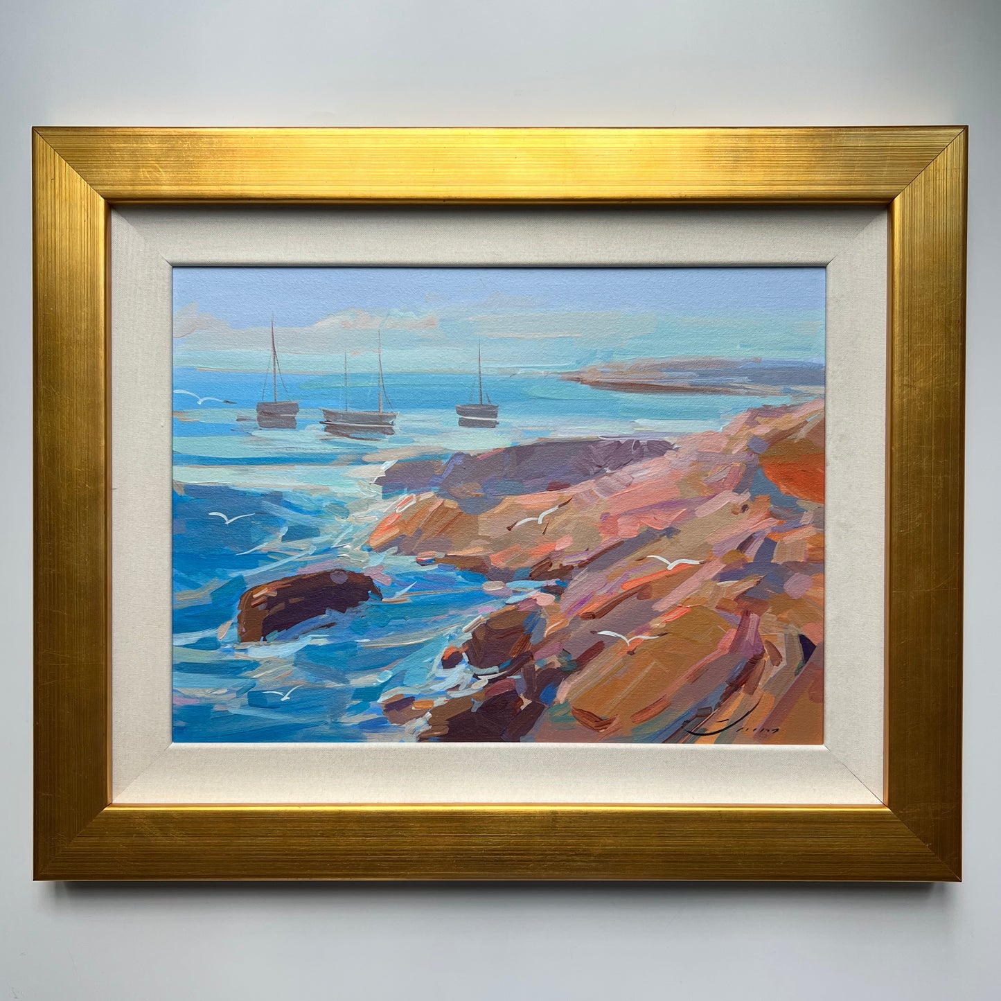 Vlad Yakerson Coloful Coastal Painting on Canvas Sailboats in Cove in Gold Frame