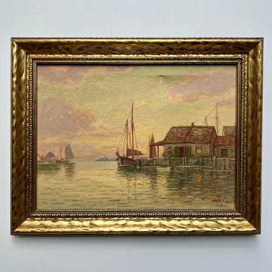 T. Bailey 1932 Gloucester, MA Sailboat Harbor Scene Oil Painting in Gold Frame