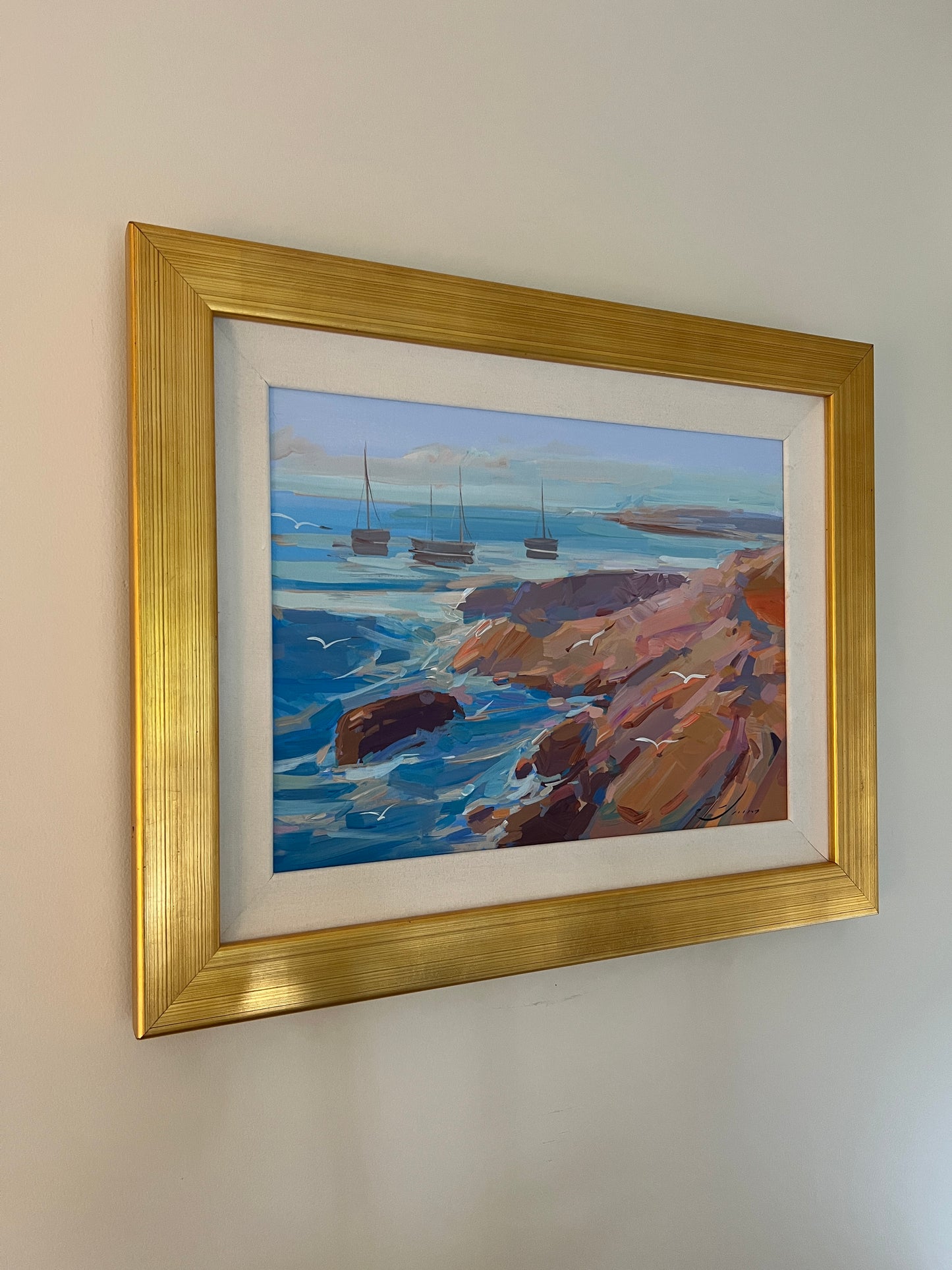 Vlad Yakerson Coloful Coastal Painting on Canvas Sailboats in Cove in Gold Frame