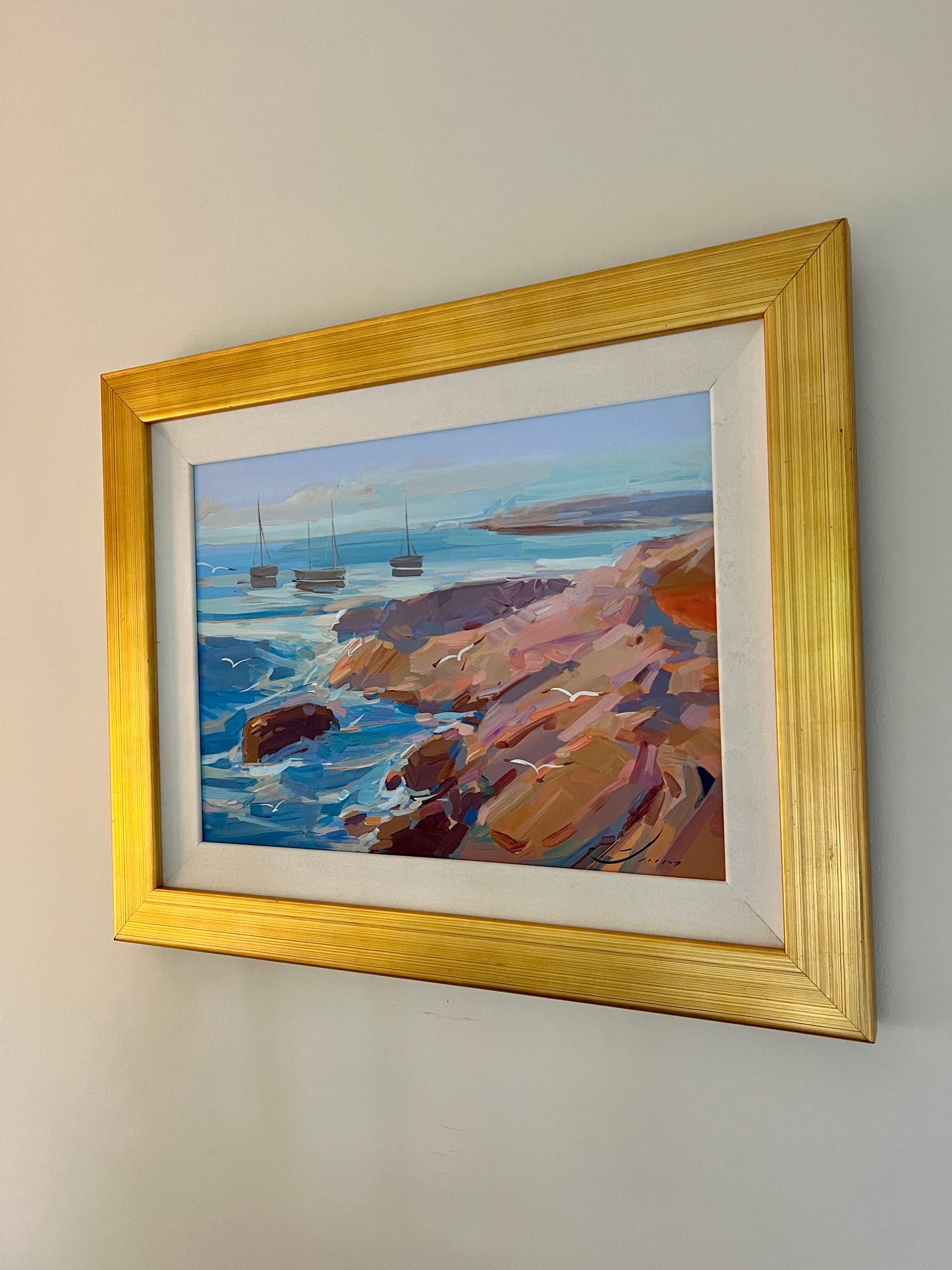 Vlad Yakerson Coloful Coastal Painting on Canvas Sailboats in Cove in Gold Frame