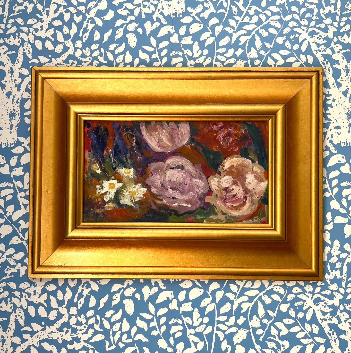 20th Century Peonies Daisies Flower Market Oil Painting in Gold Frame