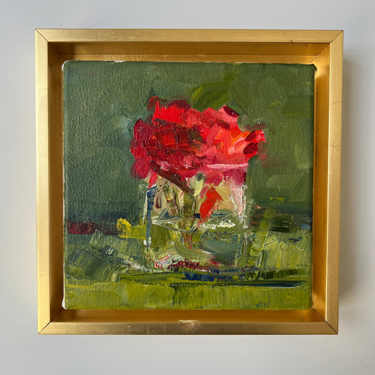 Paula Jackson Modern Red Flowers in a Glass Jar Still Life Oil Painting in Gold Floater Frame