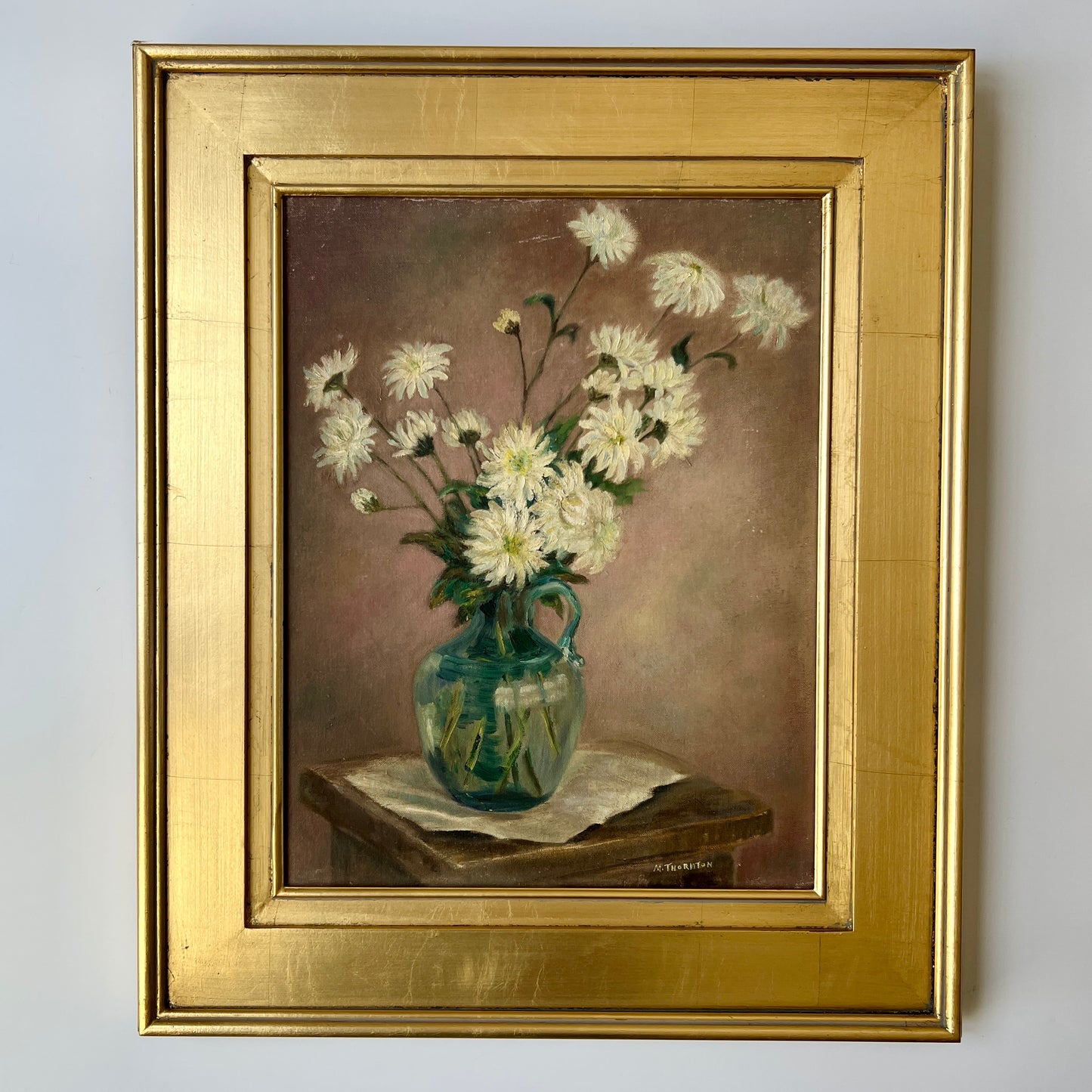 Mid Century Still Life Daisies Flower in Blue - Green Glass Jar Oil Painting in Gold Frame