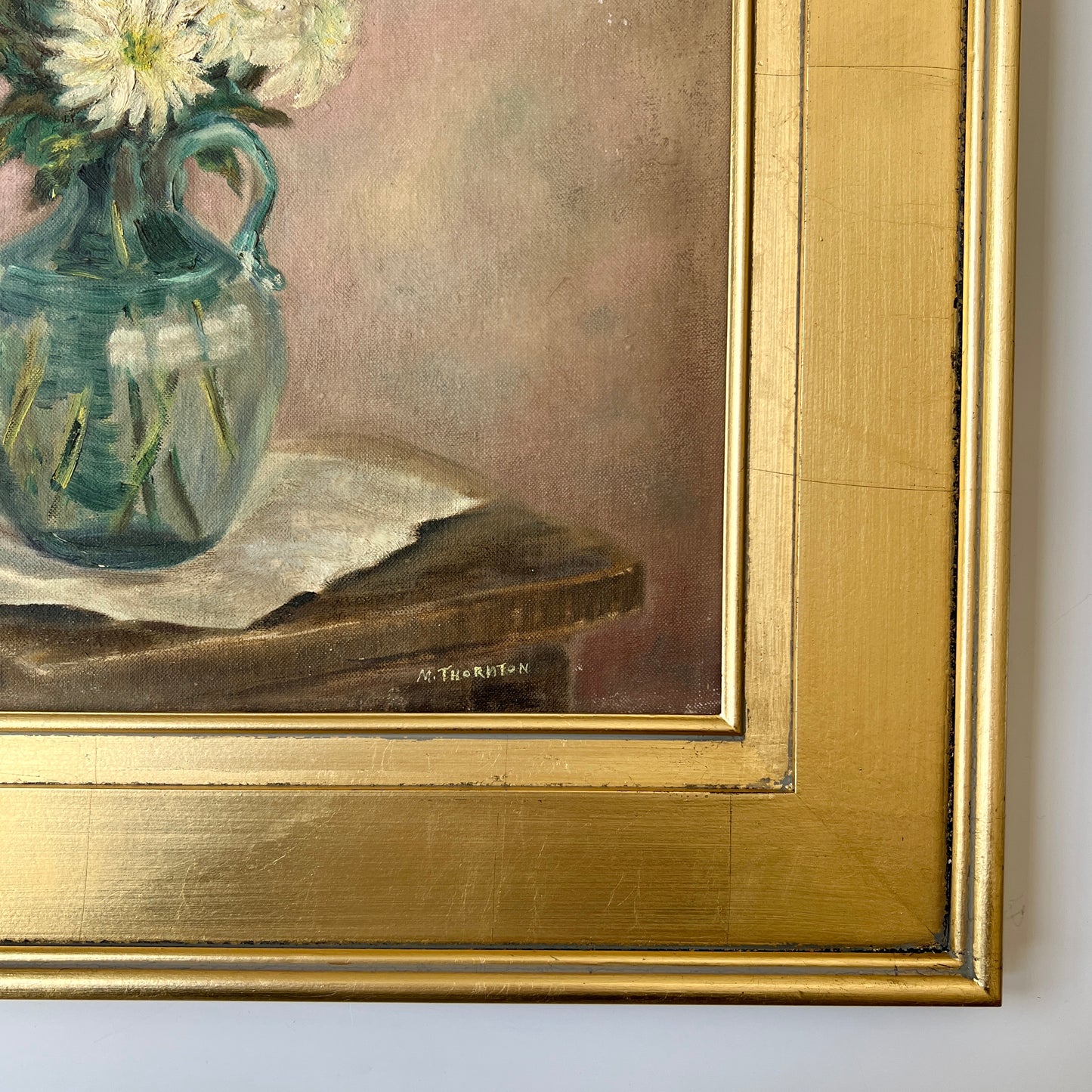 Mid Century Still Life Daisies Flower in Blue - Green Glass Jar Oil Painting in Gold Frame