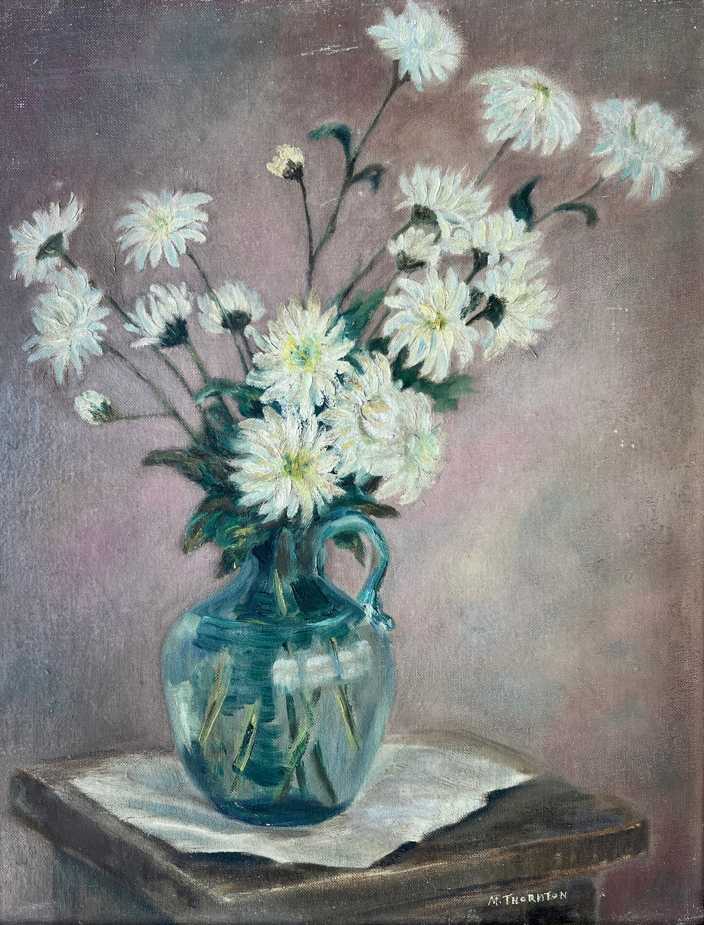 Mid Century Still Life Daisies Flower in Blue - Green Glass Jar Oil Painting in Gold Frame