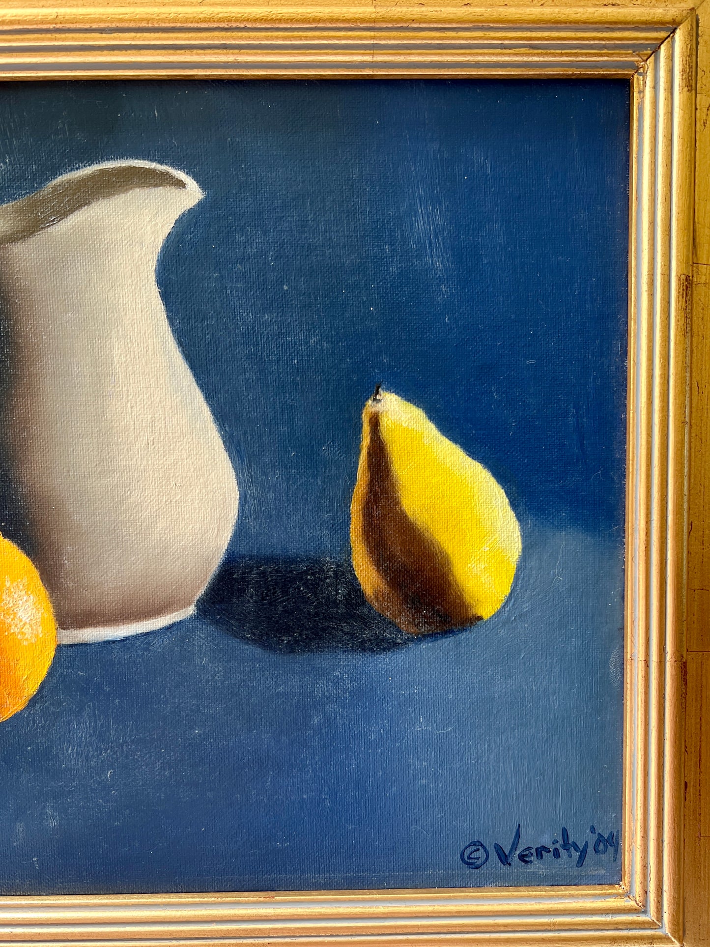 Contemporary Navy Still Life of Apple, Orange, Pear and White Pitcher in Gold Frame