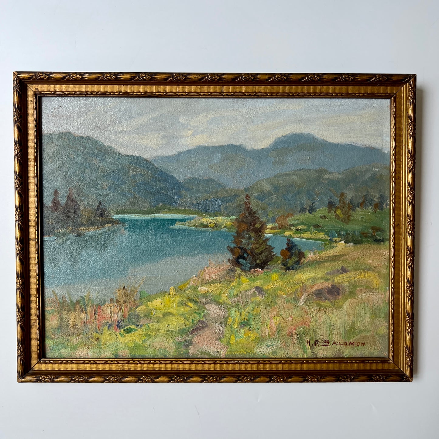 Early 20th century H.F. Salomon American Impressionist Landscape Painting in Gold Carved Frame