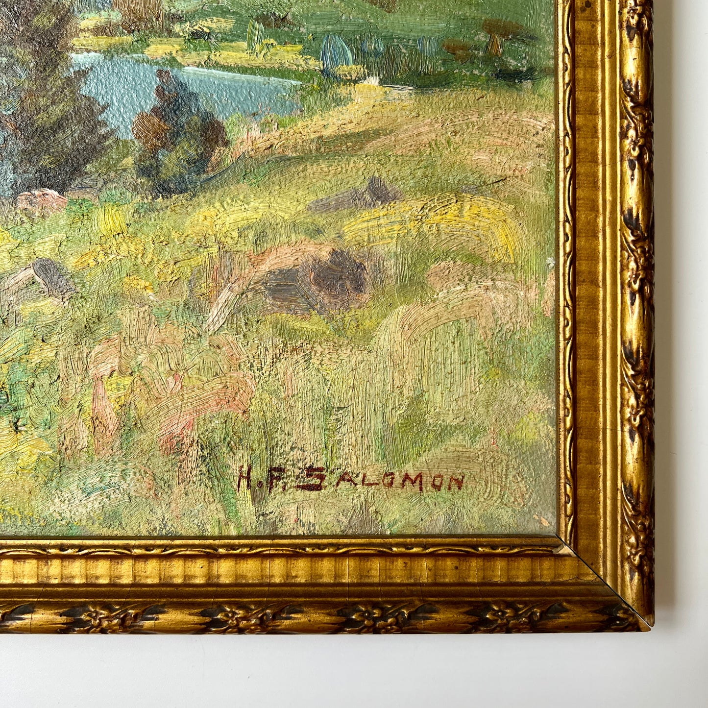 Early 20th century H.F. Salomon American Impressionist Landscape Painting in Gold Carved Frame