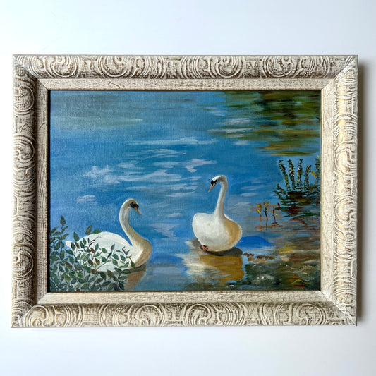 Vintage 1970 "The Swans" Oil Painting in Ornate White Gold Frame