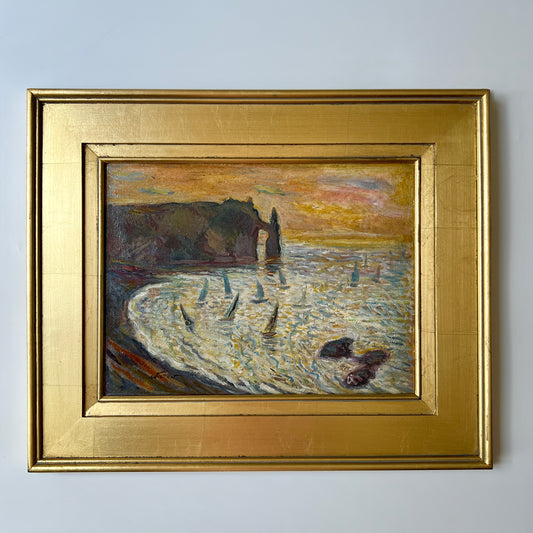 Vintage Regatta at the White Cliffs of Etretat Normandy, France Oil Painting in Gold Frame