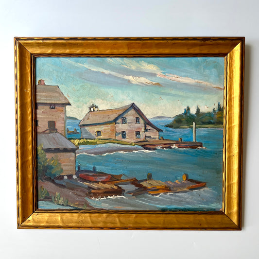 1940s New England Cedar Shake Boats Houses and Dock Scene in Wavy Gold Frame