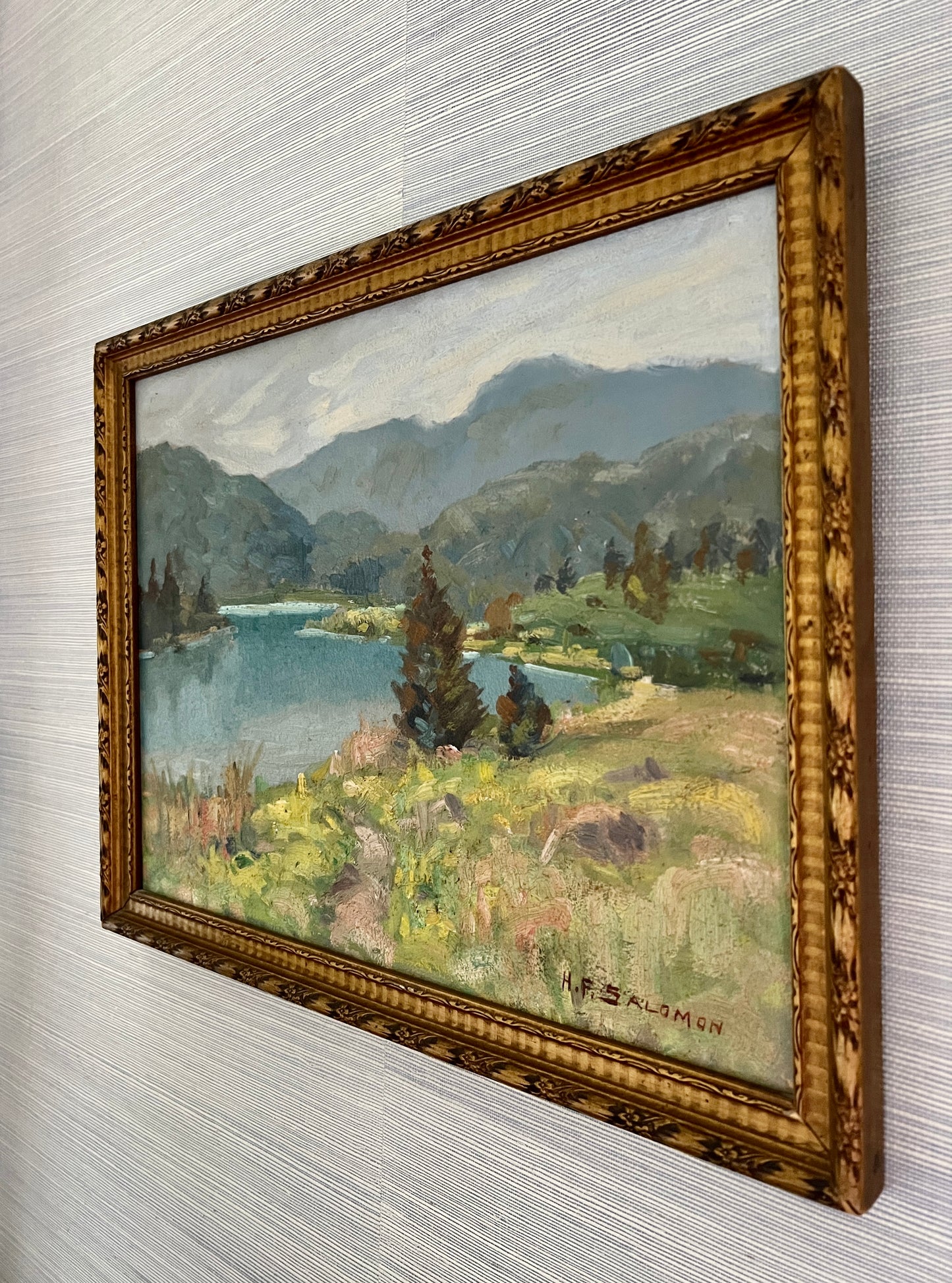 Early 20th century H.F. Salomon American Impressionist Landscape Painting in Gold Carved Frame