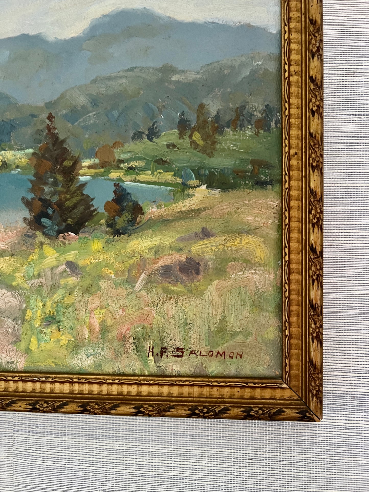 Early 20th century H.F. Salomon American Impressionist Landscape Painting in Gold Carved Frame