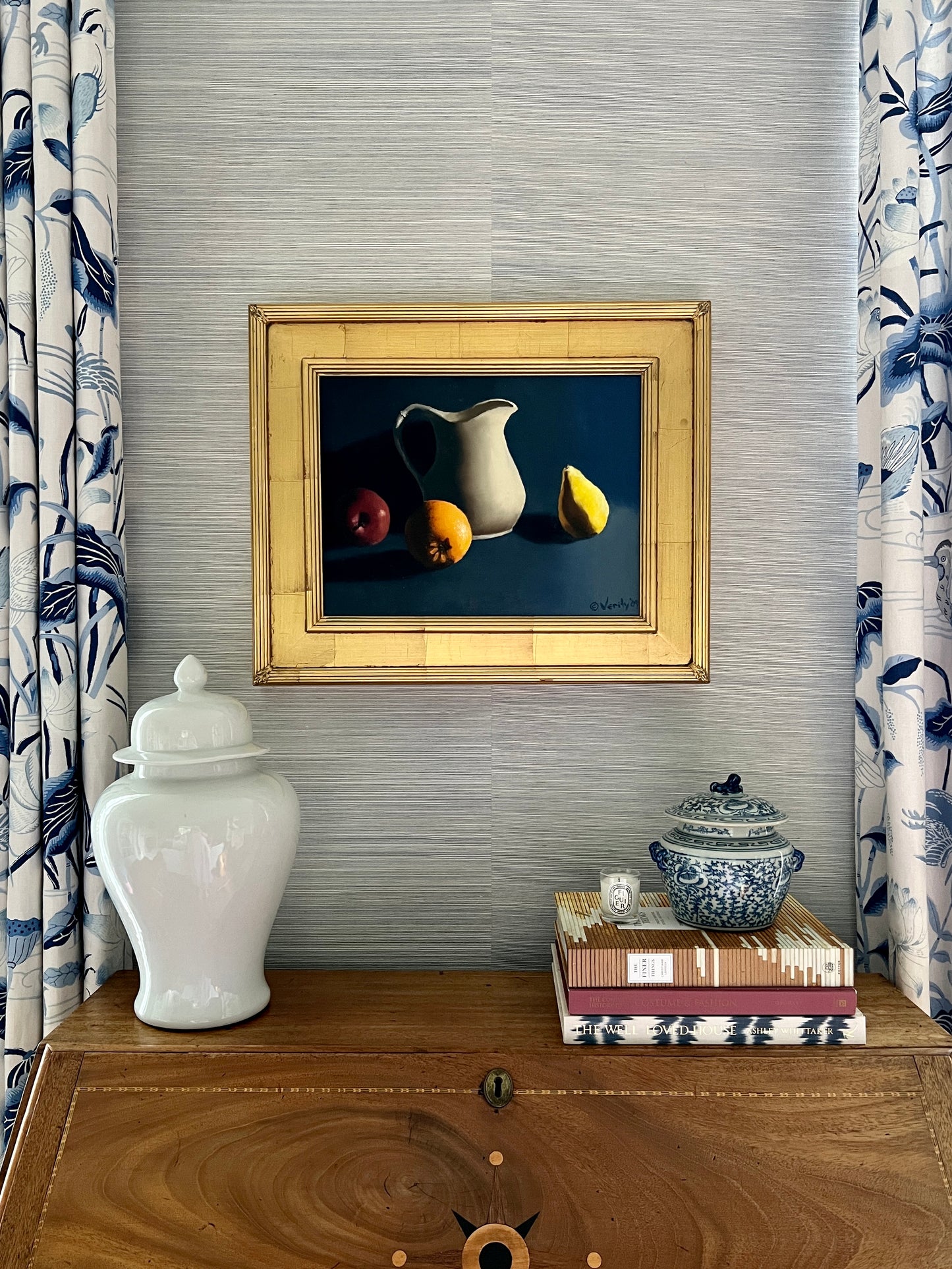 Contemporary Navy Still Life of Apple, Orange, Pear and White Pitcher in Gold Frame