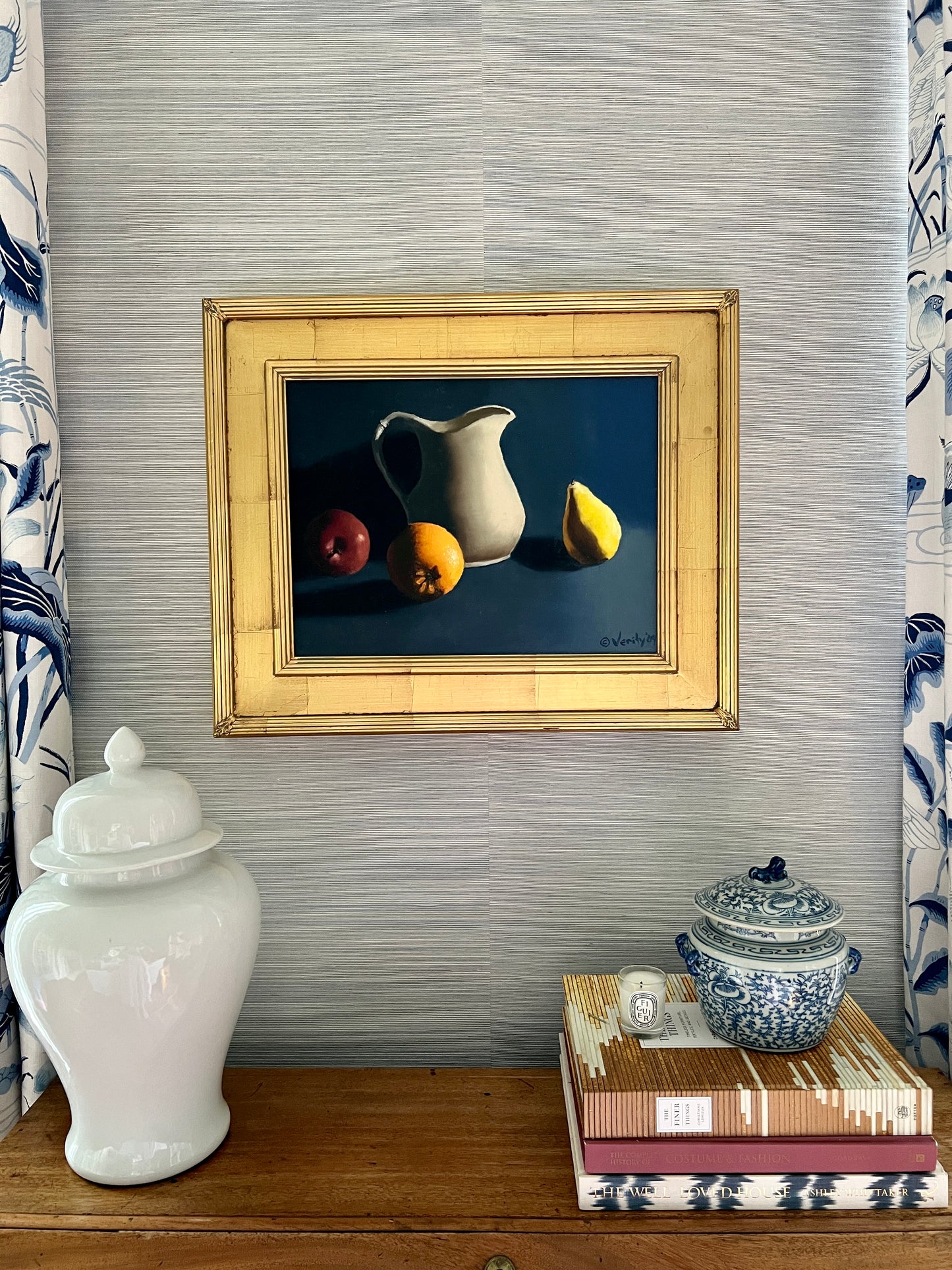 Contemporary Navy Still Life of Apple, Orange, Pear and White Pitcher in Gold Frame