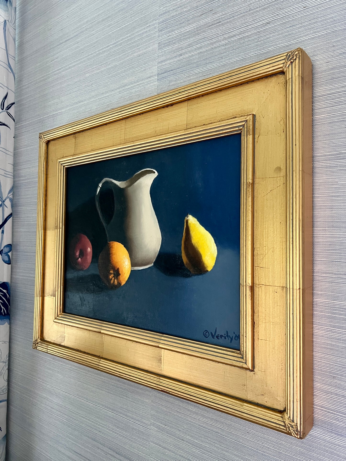 Contemporary Navy Still Life of Apple, Orange, Pear and White Pitcher in Gold Frame