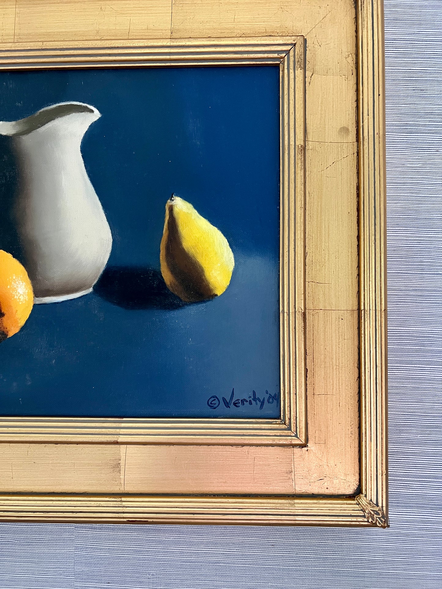 Contemporary Navy Still Life of Apple, Orange, Pear and White Pitcher in Gold Frame