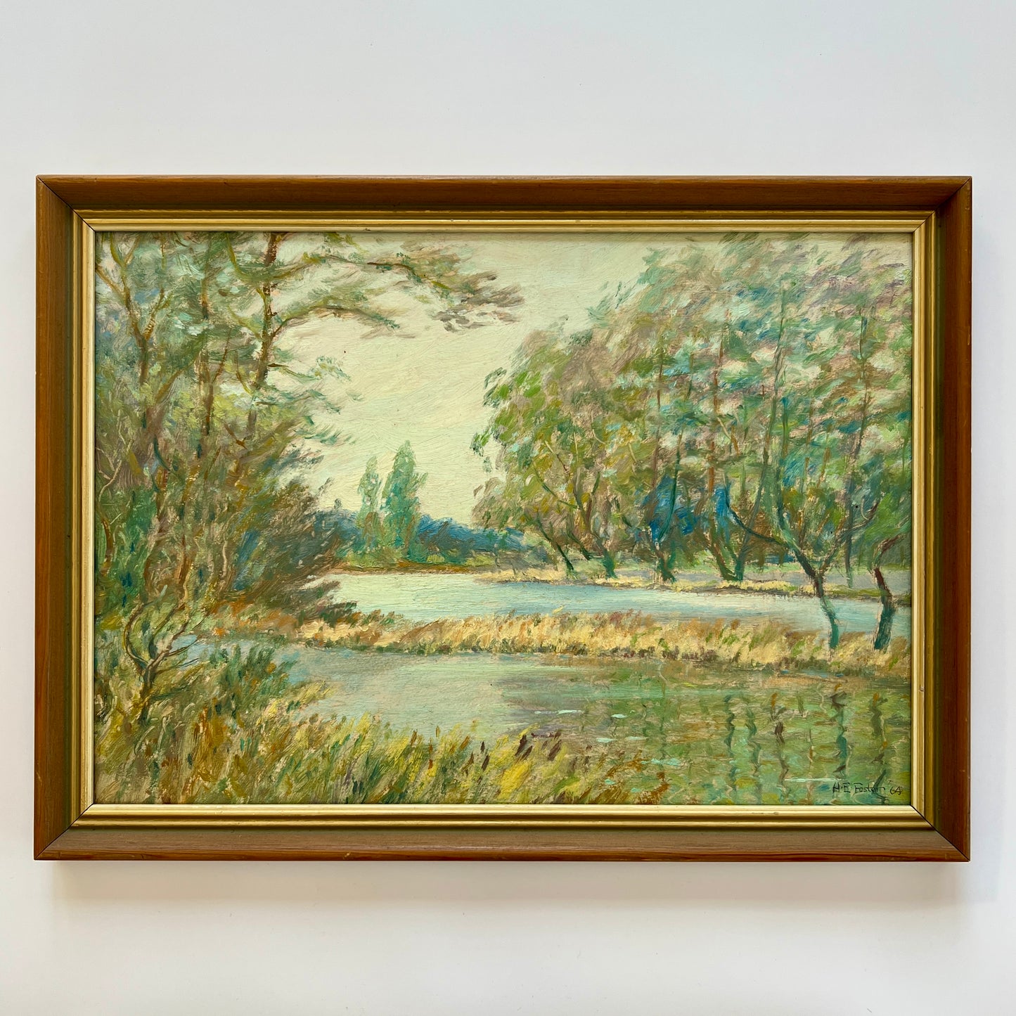 1964 Impressionist Broad Waters Landscape Oil Painting in Wood and Gold Frame