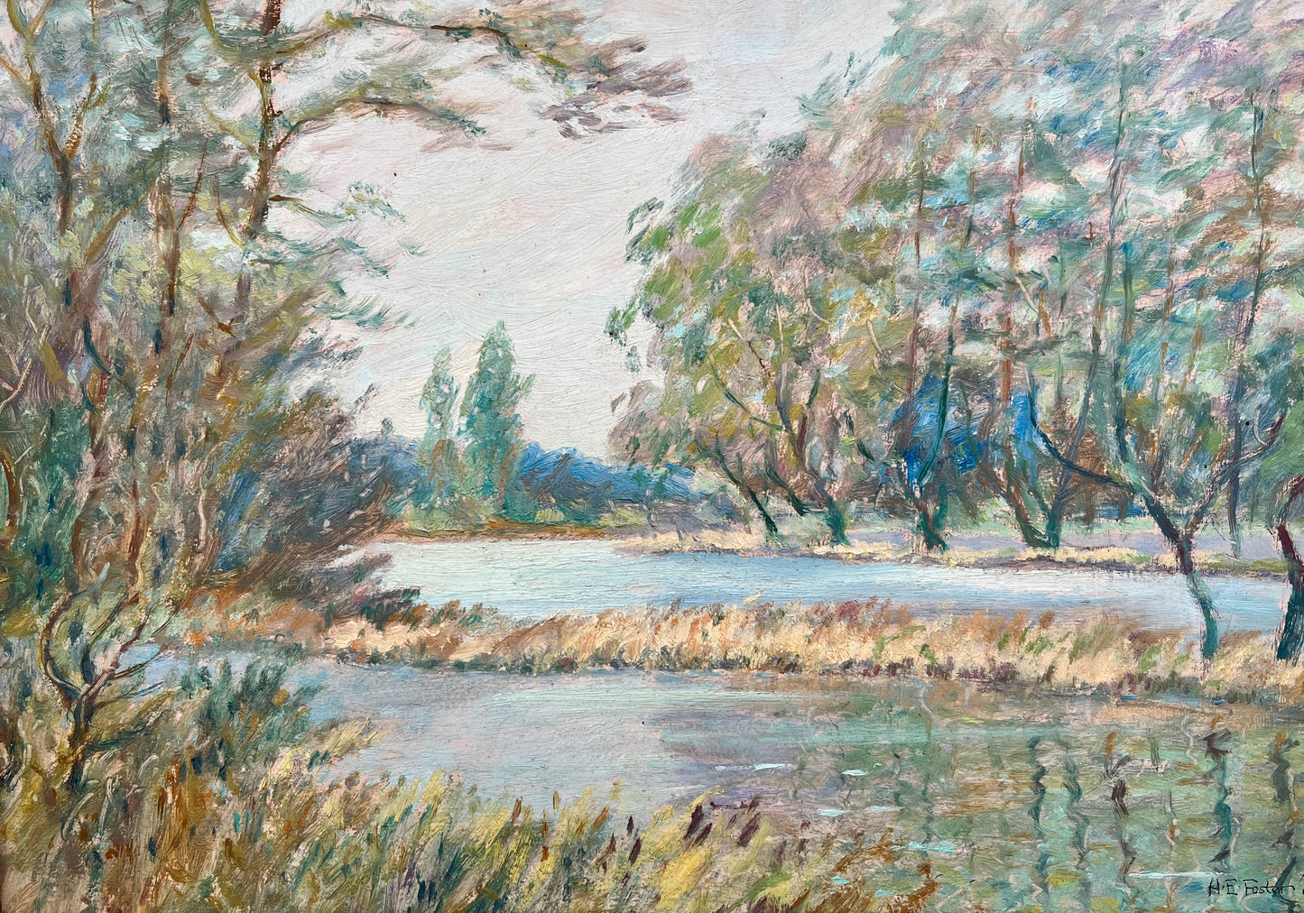 1964 Impressionist Broad Waters Landscape Oil Painting in Wood and Gold Frame