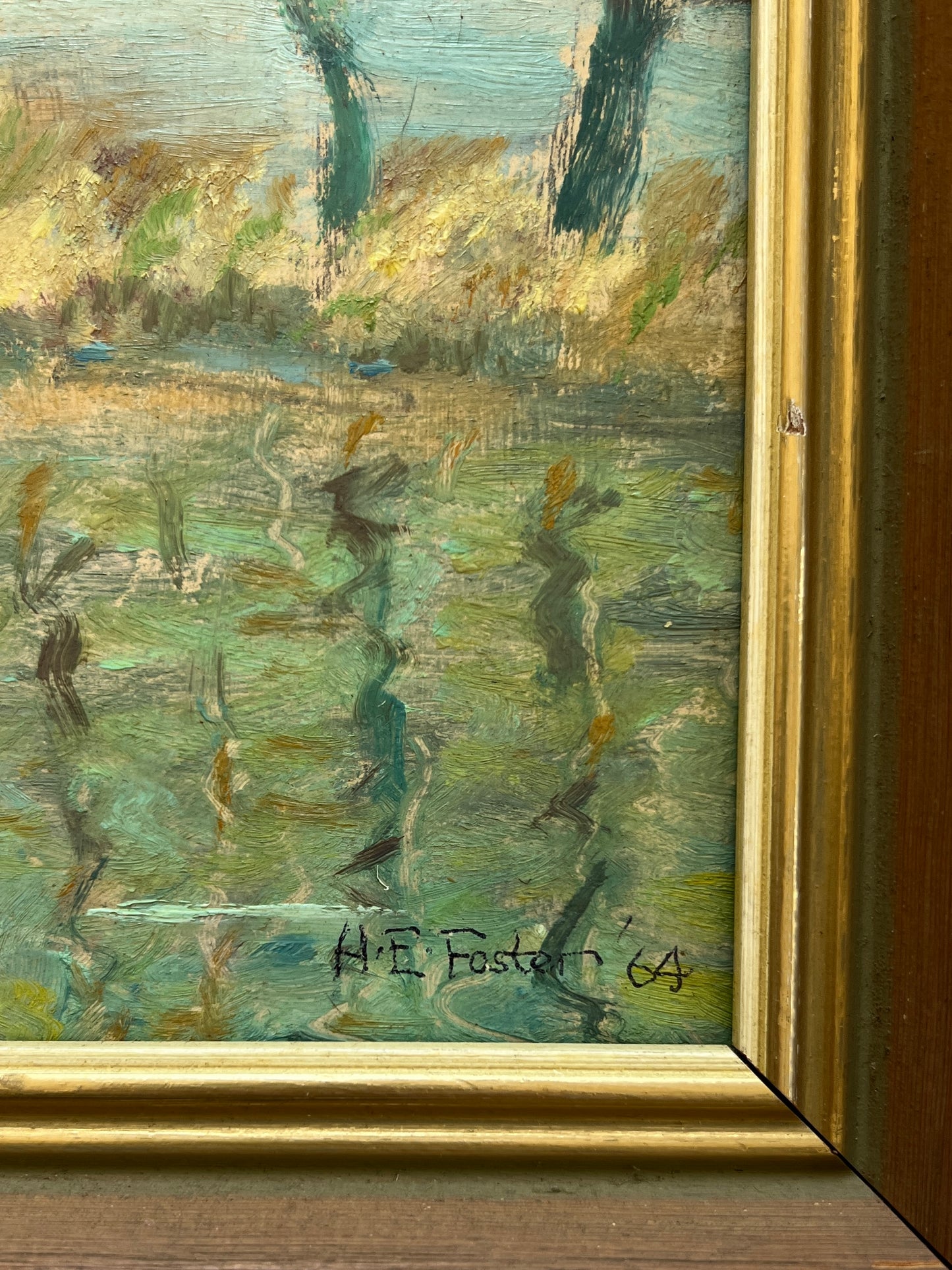 1964 Impressionist Broad Waters Landscape Oil Painting in Wood and Gold Frame