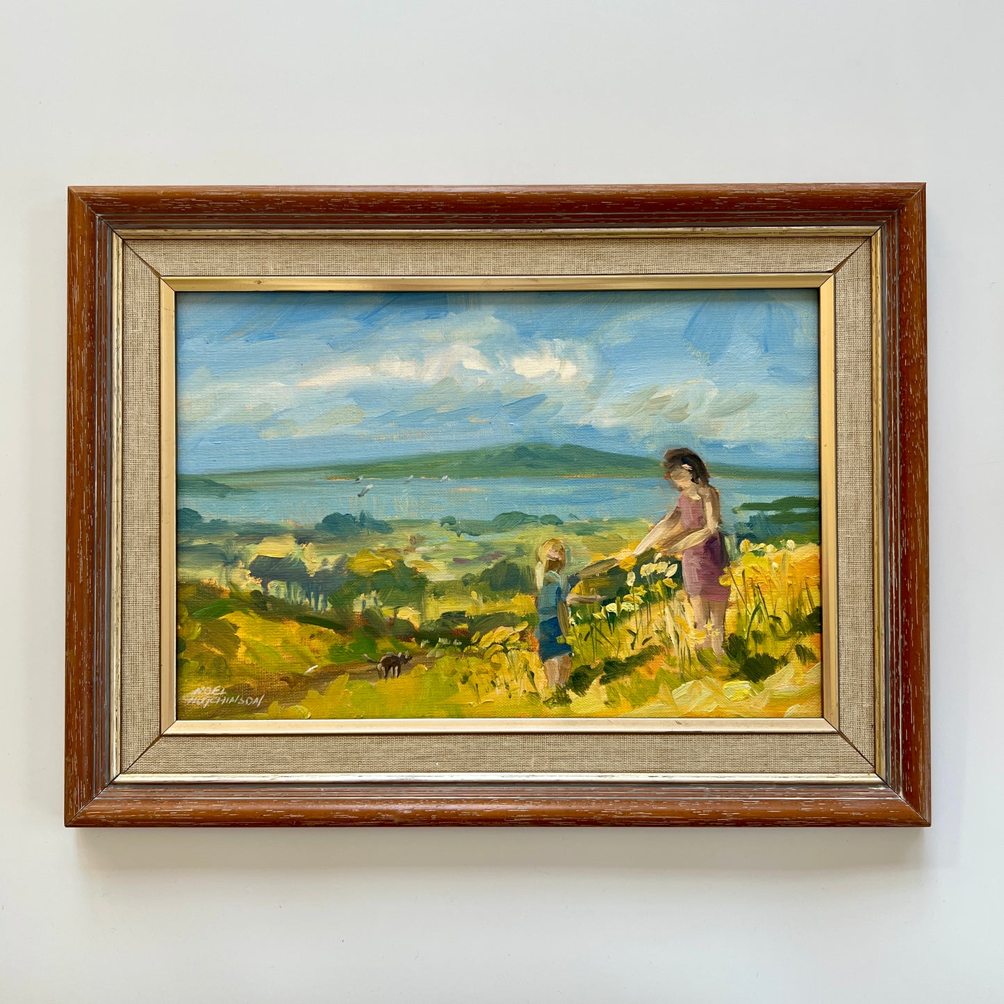 Noel Hutchinson Mother and Child Auckland New Zealand Rangitoto Volcano Oil Painting in Limed Wood Frame