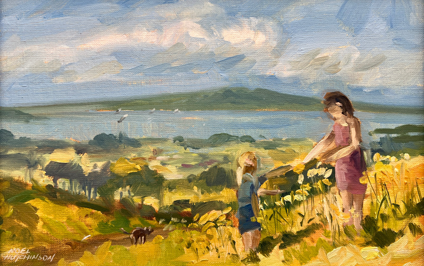 Noel Hutchinson Mother and Child Auckland New Zealand Rangitoto Volcano Oil Painting in Limed Wood Frame