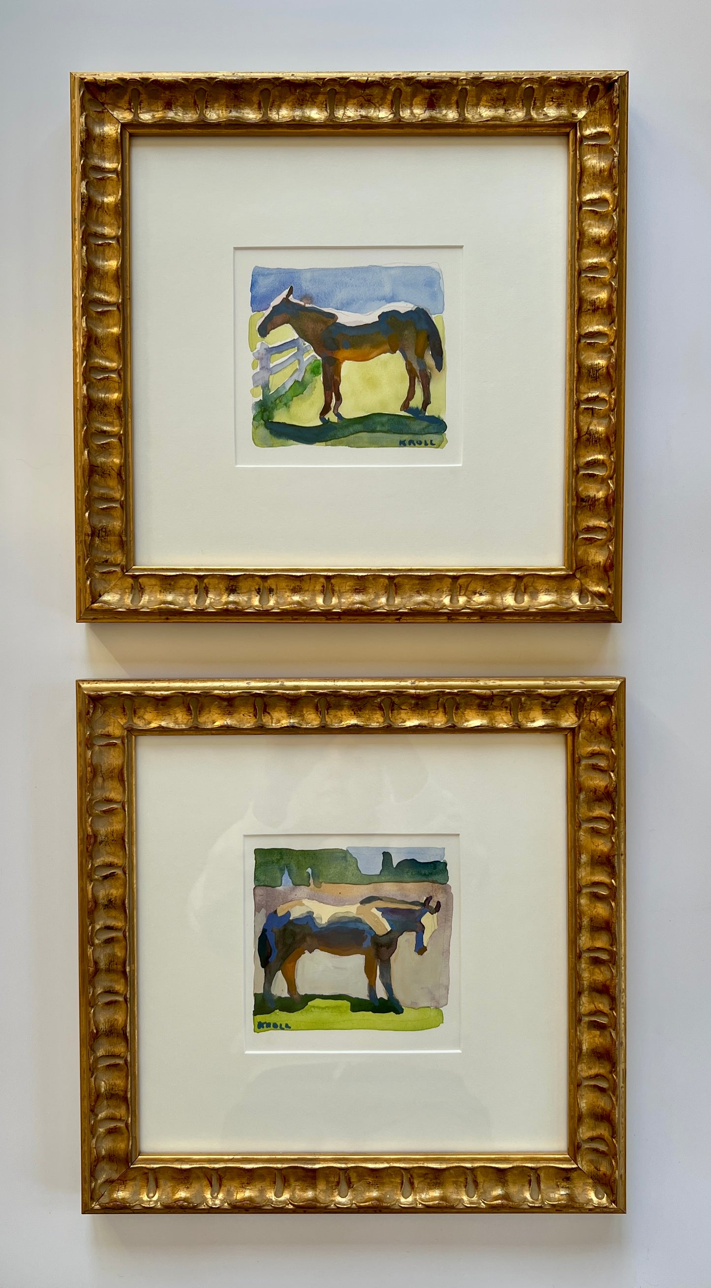 Peggi Kroll-Roberts Watercolor Horse Portrait #2 in Wavy Gold Frame