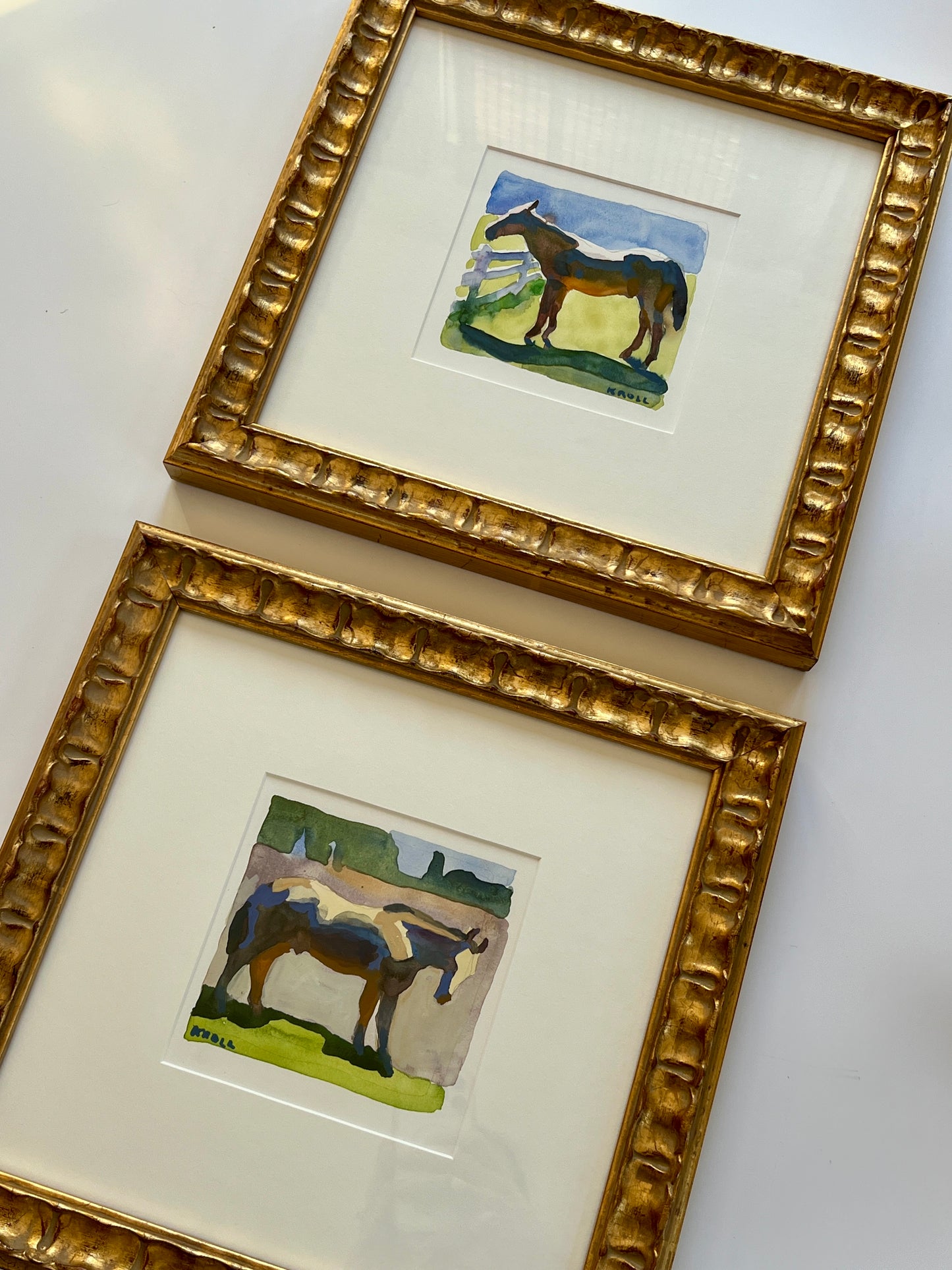 Peggi Kroll-Roberts Watercolor Horse Portrait #2 in Wavy Gold Frame