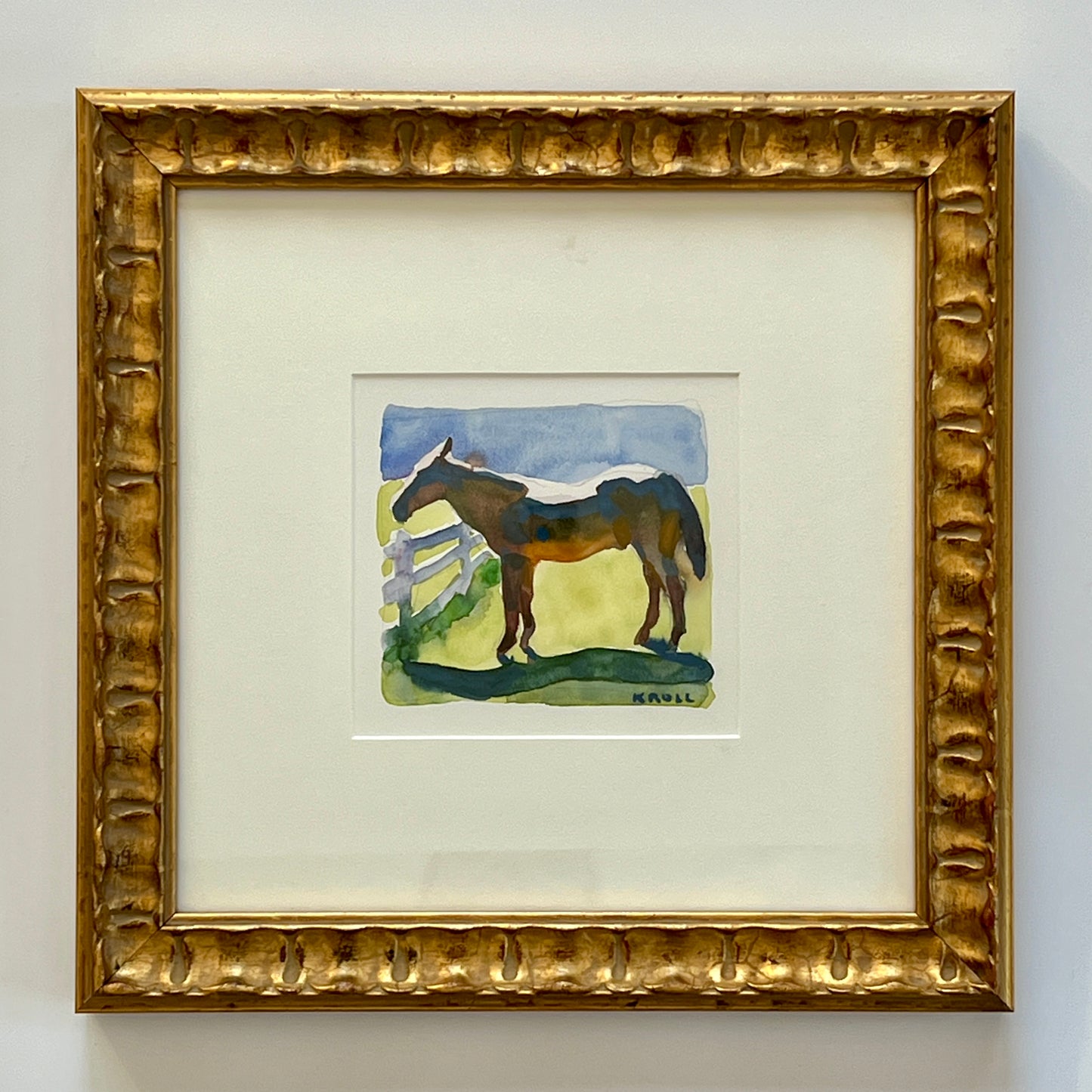 Peggi Kroll-Roberts Watercolor Horse Portrait #2 in Wavy Gold Frame