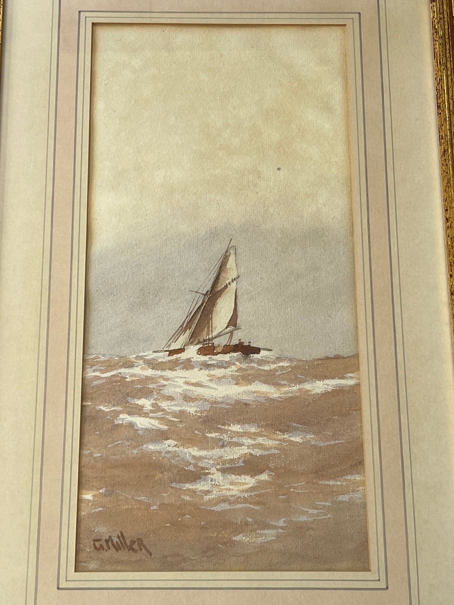 Early 20th Century Watercolor Sailboat Portrait Seascape in Gold Frame