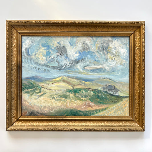 Fantastical Vintage Impressionist Swirling Cloud Landscape in Gold Frame