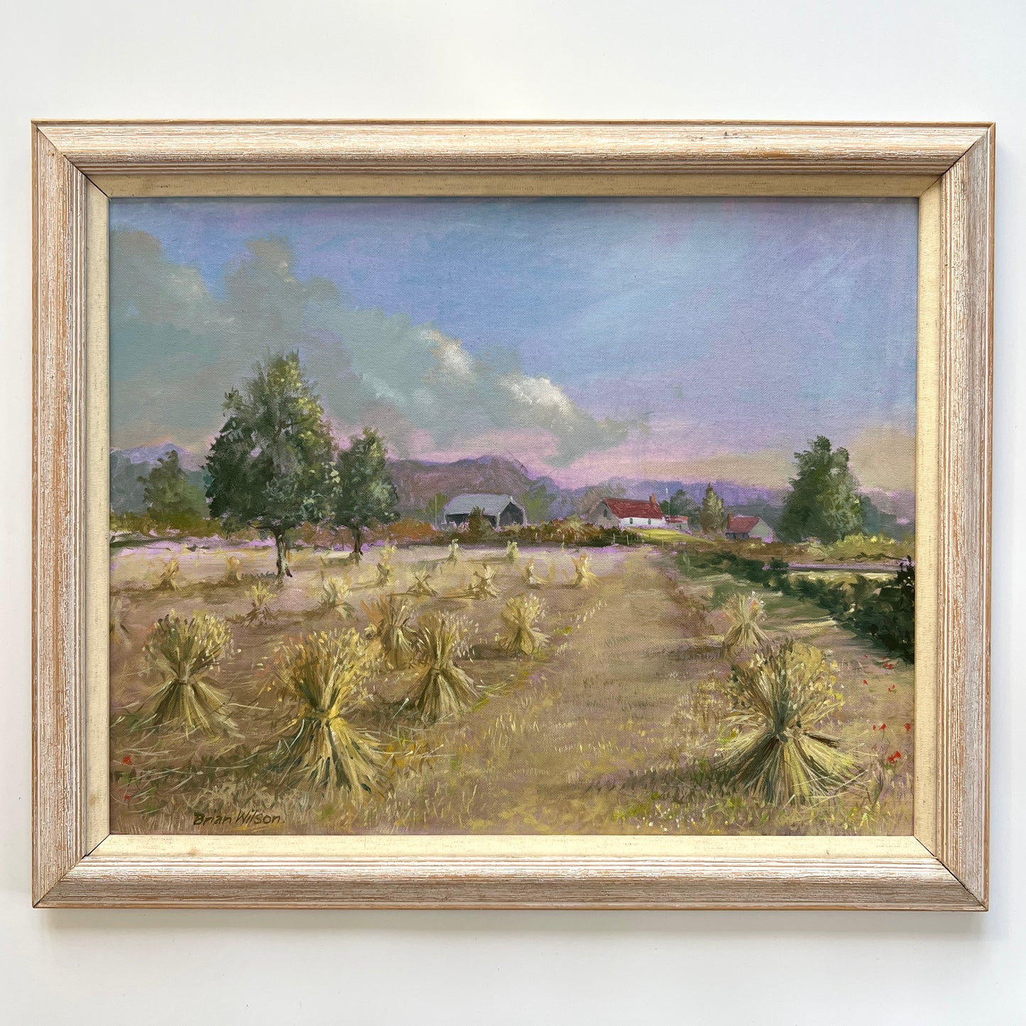 Golden Hour on the Farm Landscape Oil Painting in White Washed Wood Frame