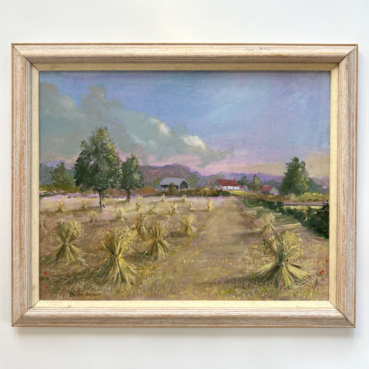 Golden Hour on the Farm Landscape Oil Painting in White Washed Wood Frame