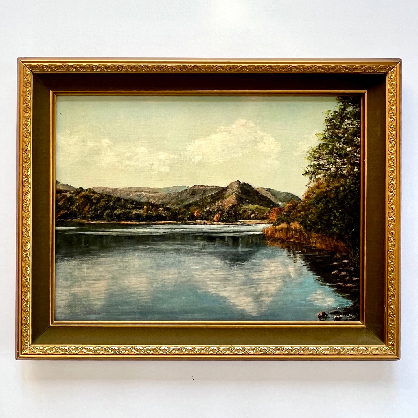 Vintage Grasmere British Mountain Landscape Oil Painting in Gold and Green Frame