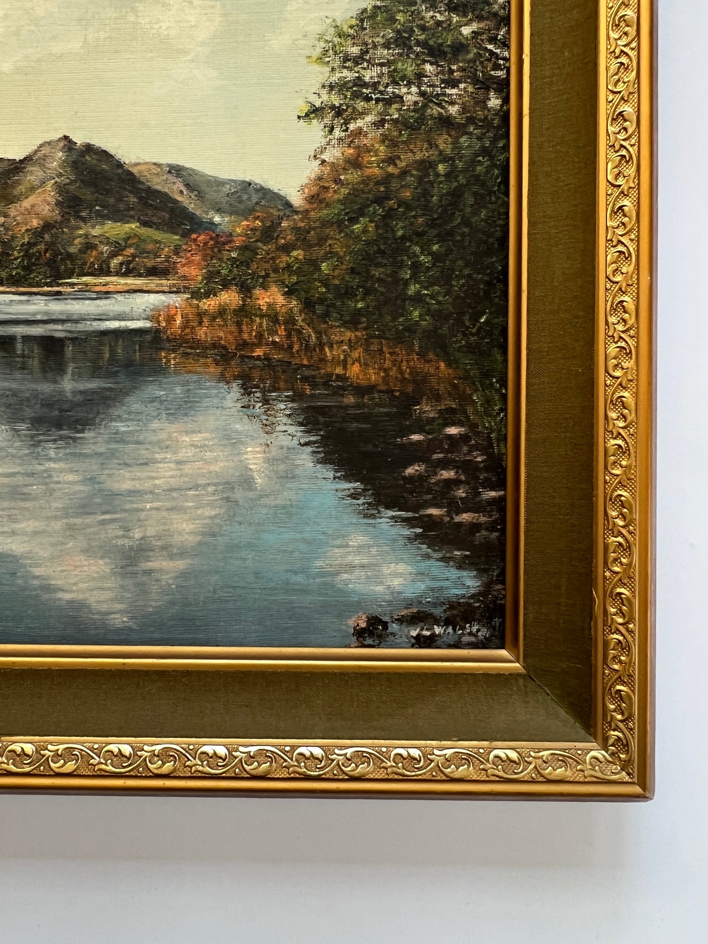 Vintage Grasmere British Mountain Landscape Oil Painting in Gold and Green Frame