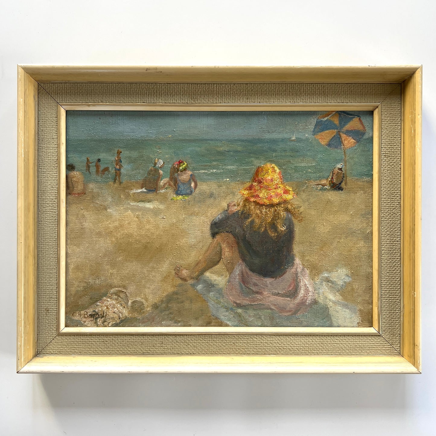 Vintage Day at the Beach Oil Painting on Canvas in Off White Frame