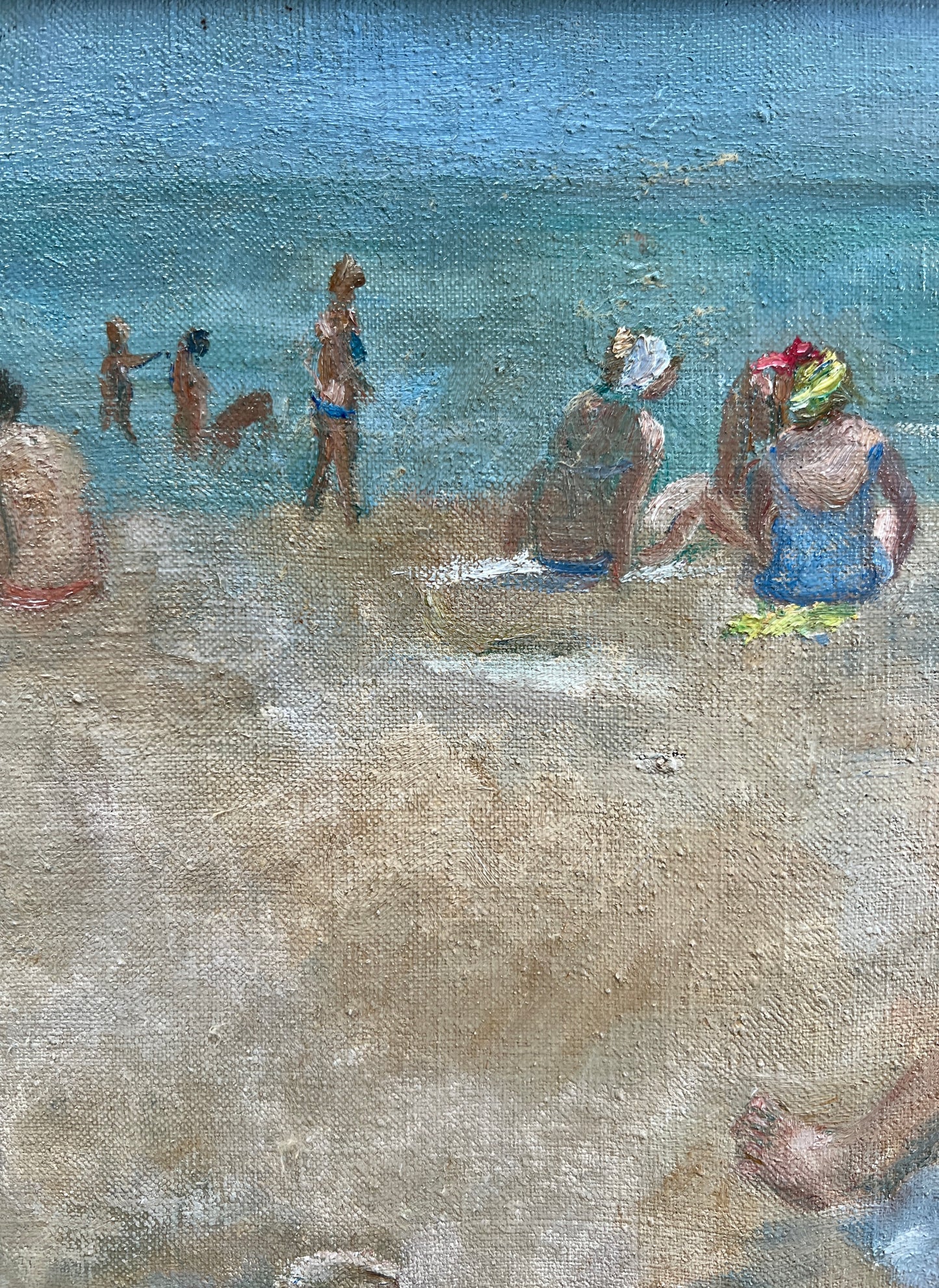 Vintage Day at the Beach Oil Painting on Canvas in Off White Frame