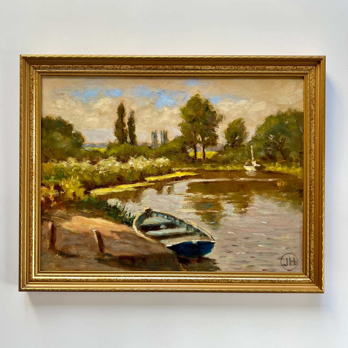 John G. Hall (1921-2006) Rowboat at Rest Oil Painting in Gold Frame