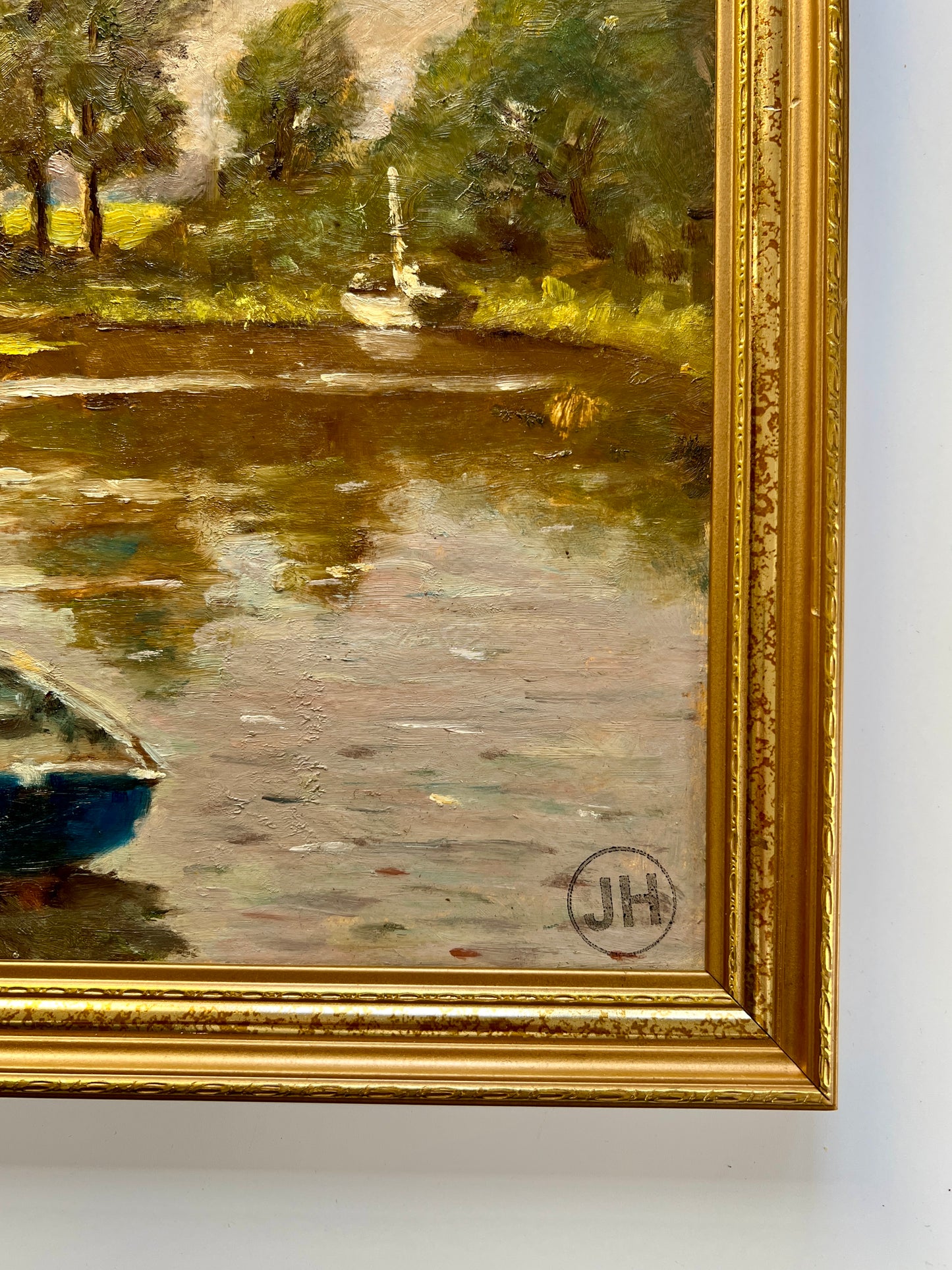 John G. Hall (1921-2006) Rowboat at Rest Oil Painting in Gold Frame