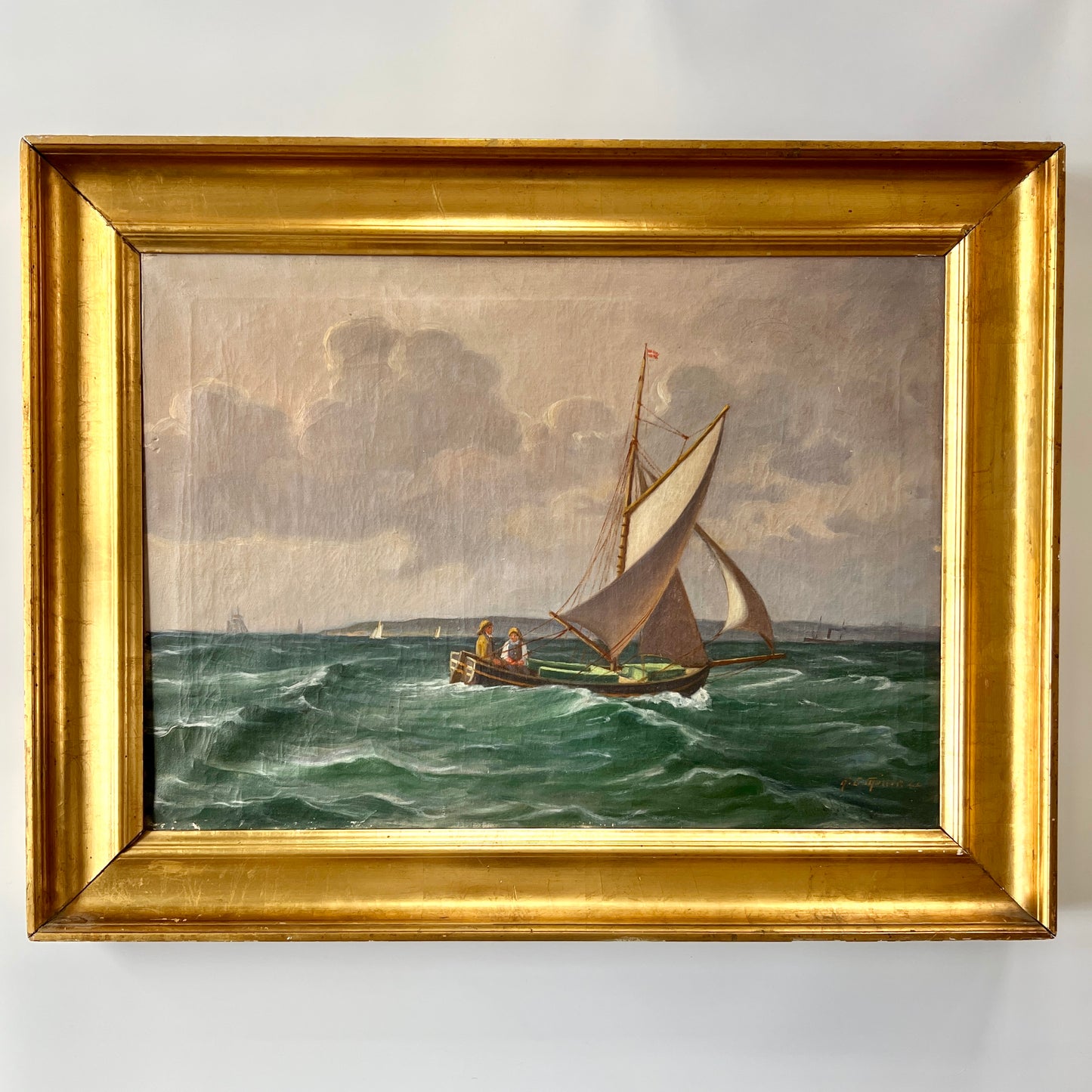 1922 Pair of Sailors at Sea Oil Painting in Original Gold Frame