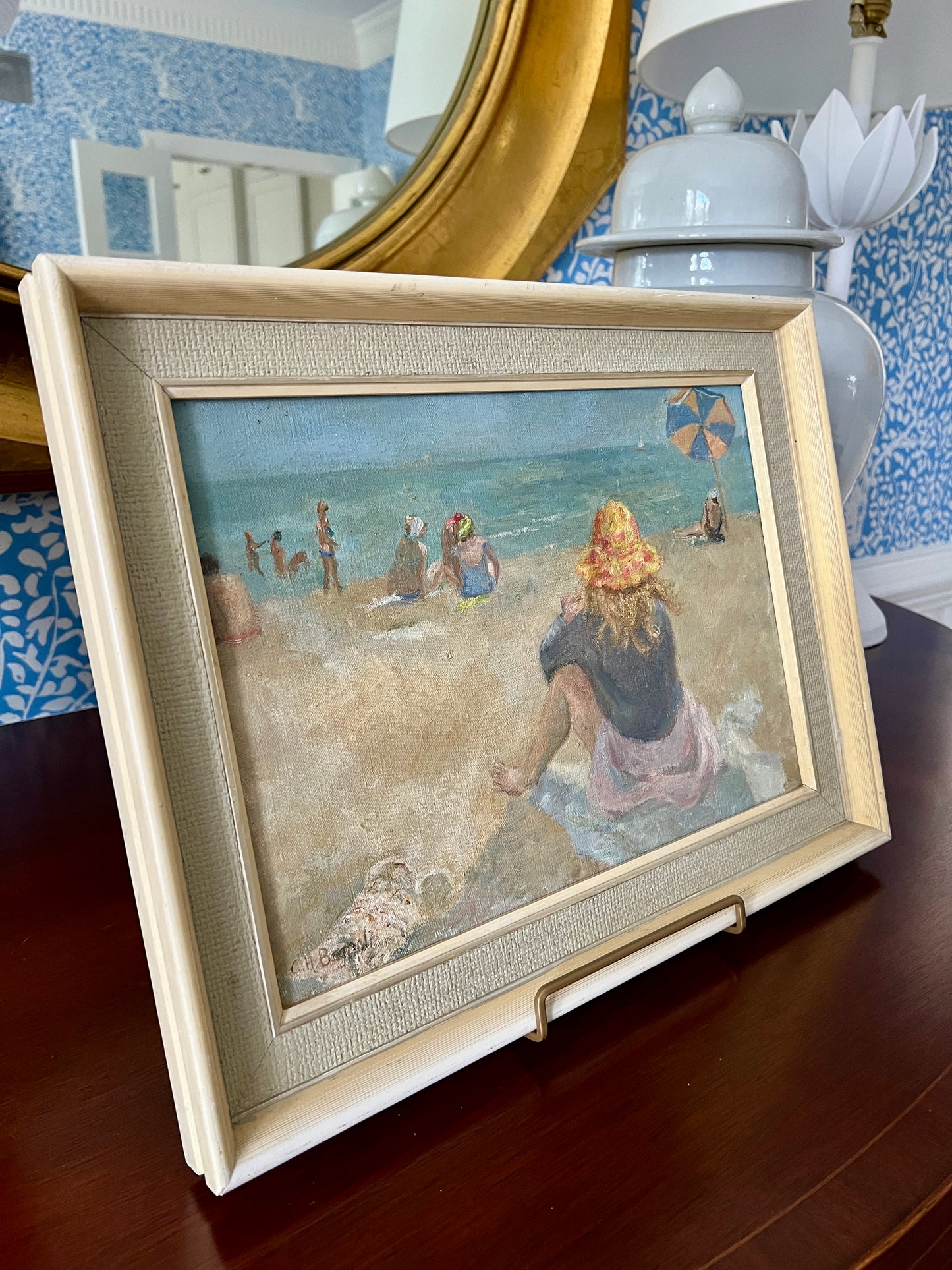 Vintage Day at the Beach Oil Painting on Canvas in Off White Frame