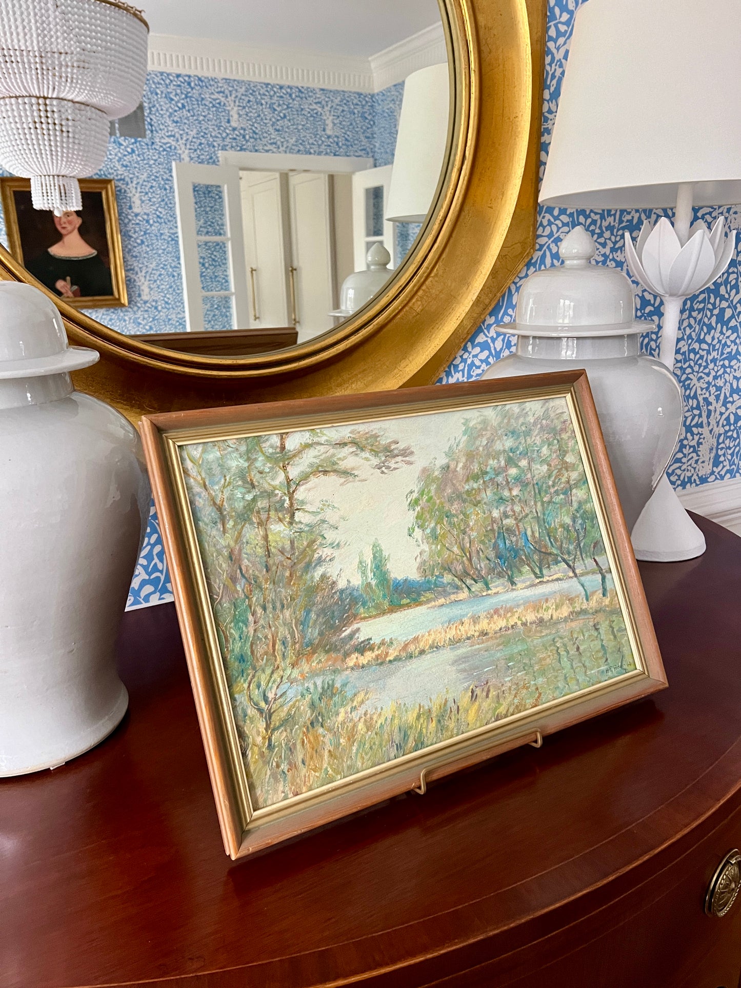 1964 Impressionist Broad Waters Landscape Oil Painting in Wood and Gold Frame