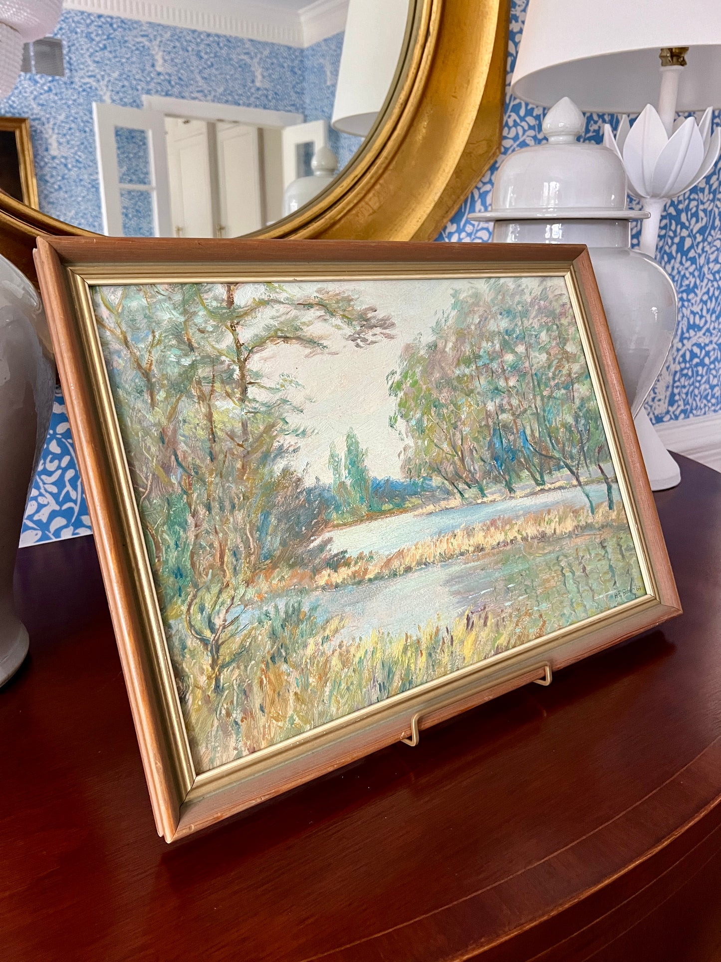 1964 Impressionist Broad Waters Landscape Oil Painting in Wood and Gold Frame