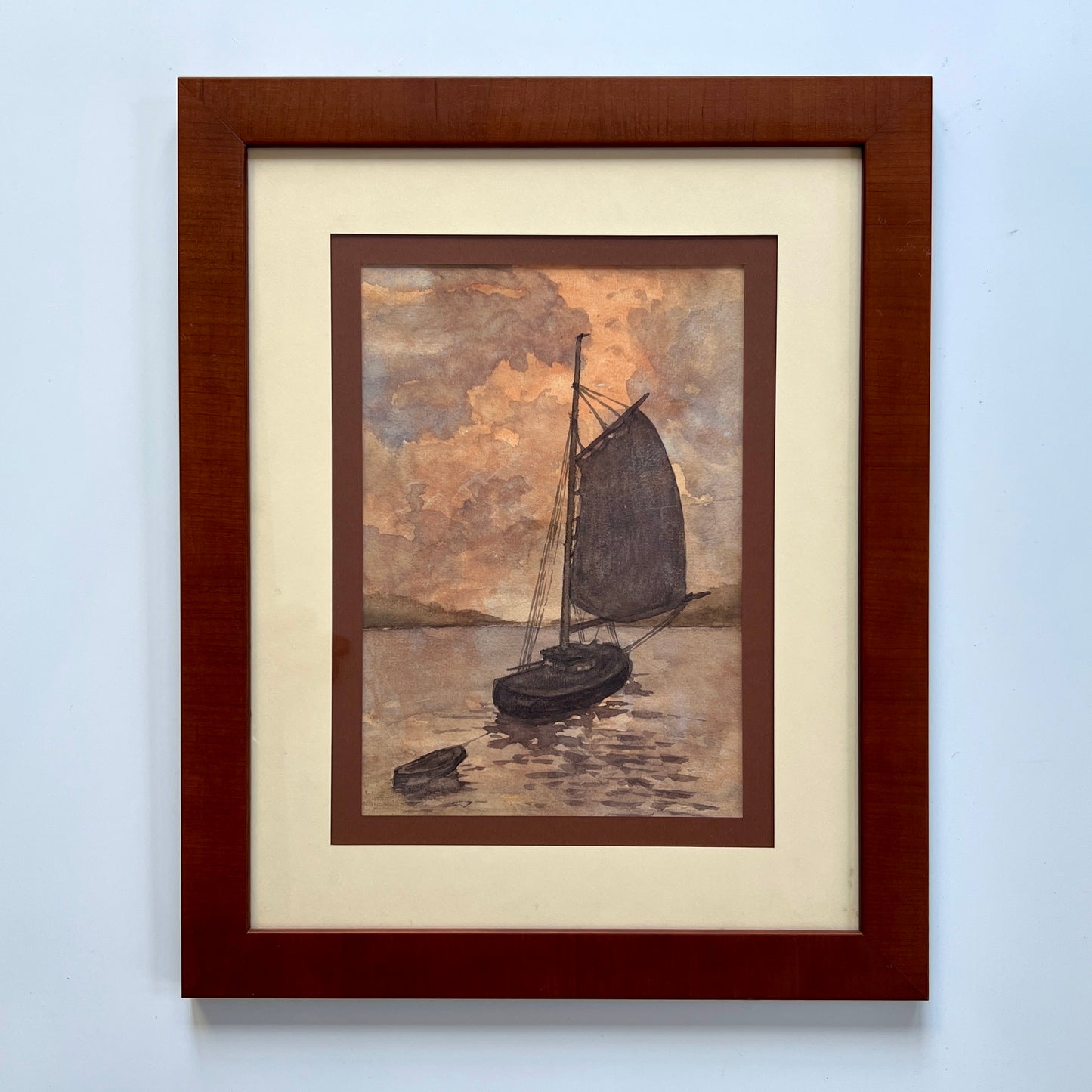 Sailboat at Sunset Watercolor Portrait in Grained Wood Frame