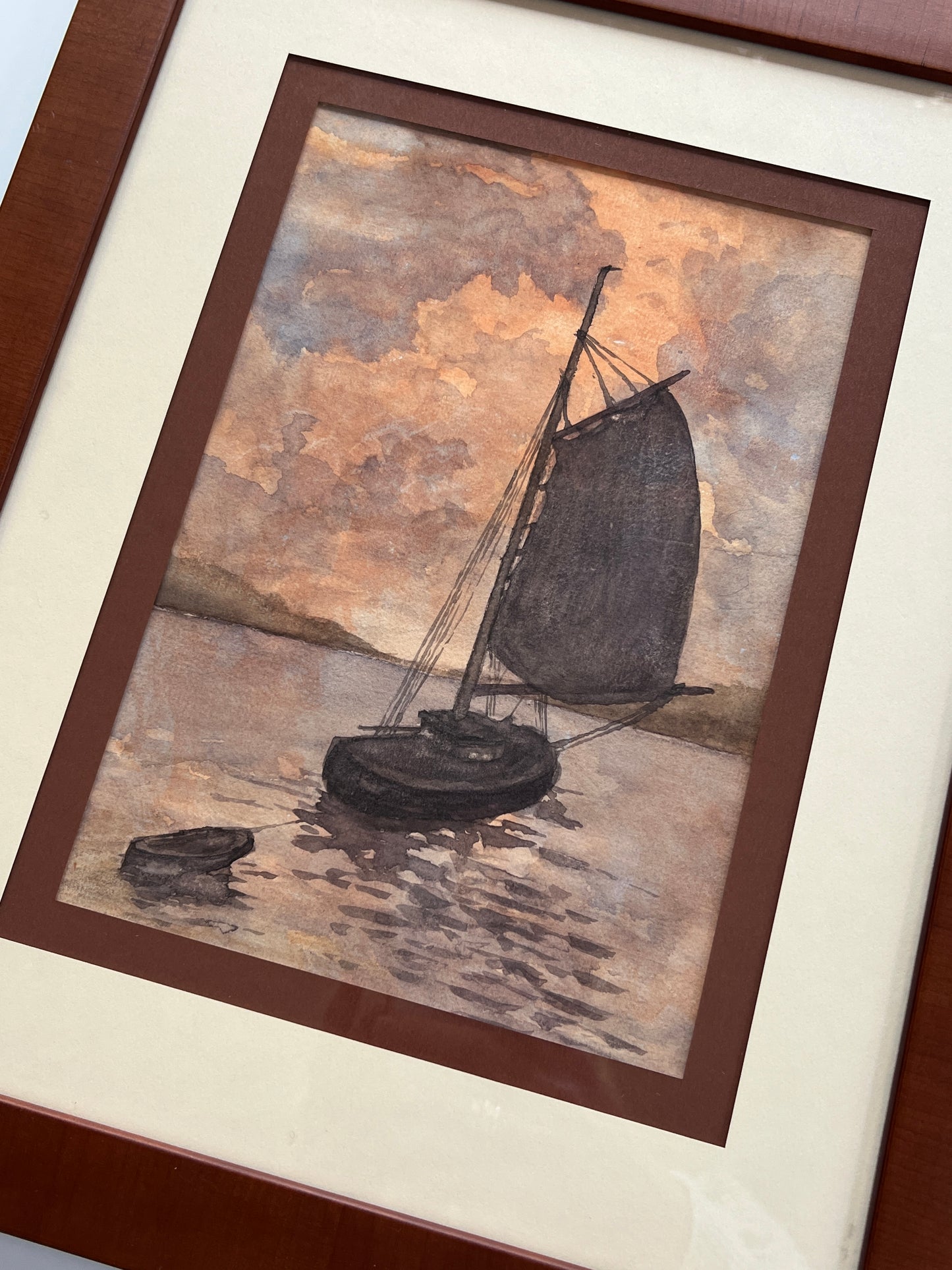 Sailboat at Sunset Watercolor Portrait in Grained Wood Frame