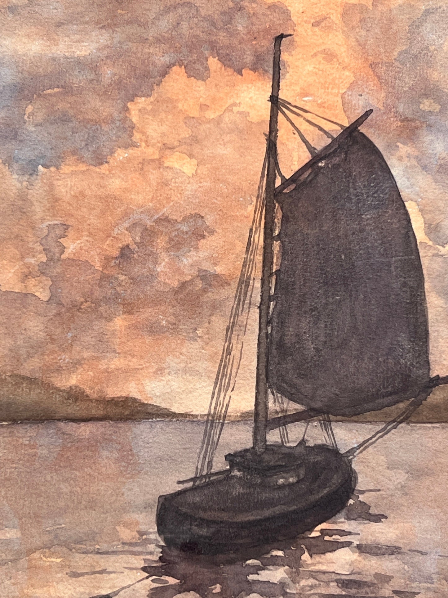 Sailboat at Sunset Watercolor Portrait in Grained Wood Frame