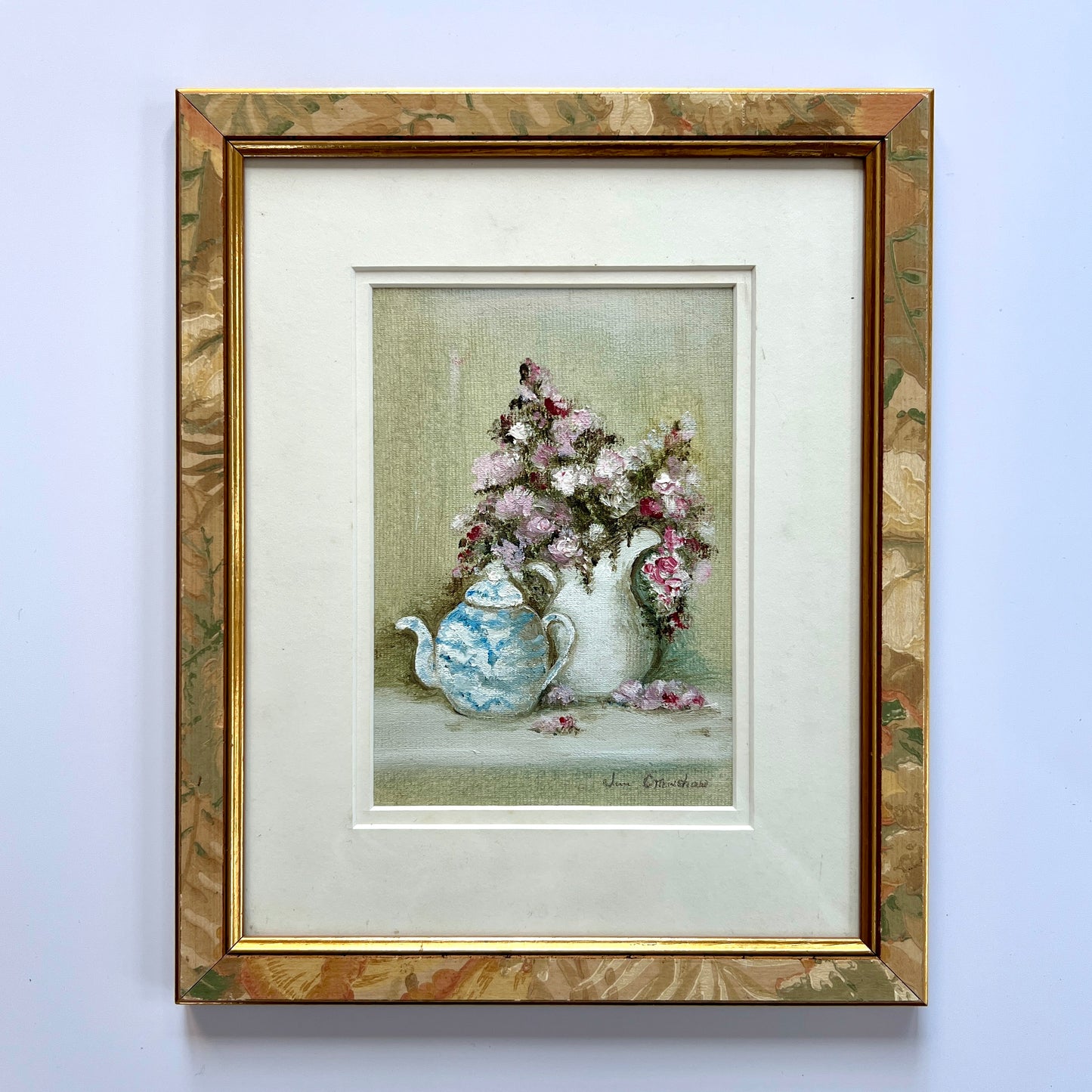 June Crawshaw Teapot Still Life Oil Painting in Marbled Painted Frame