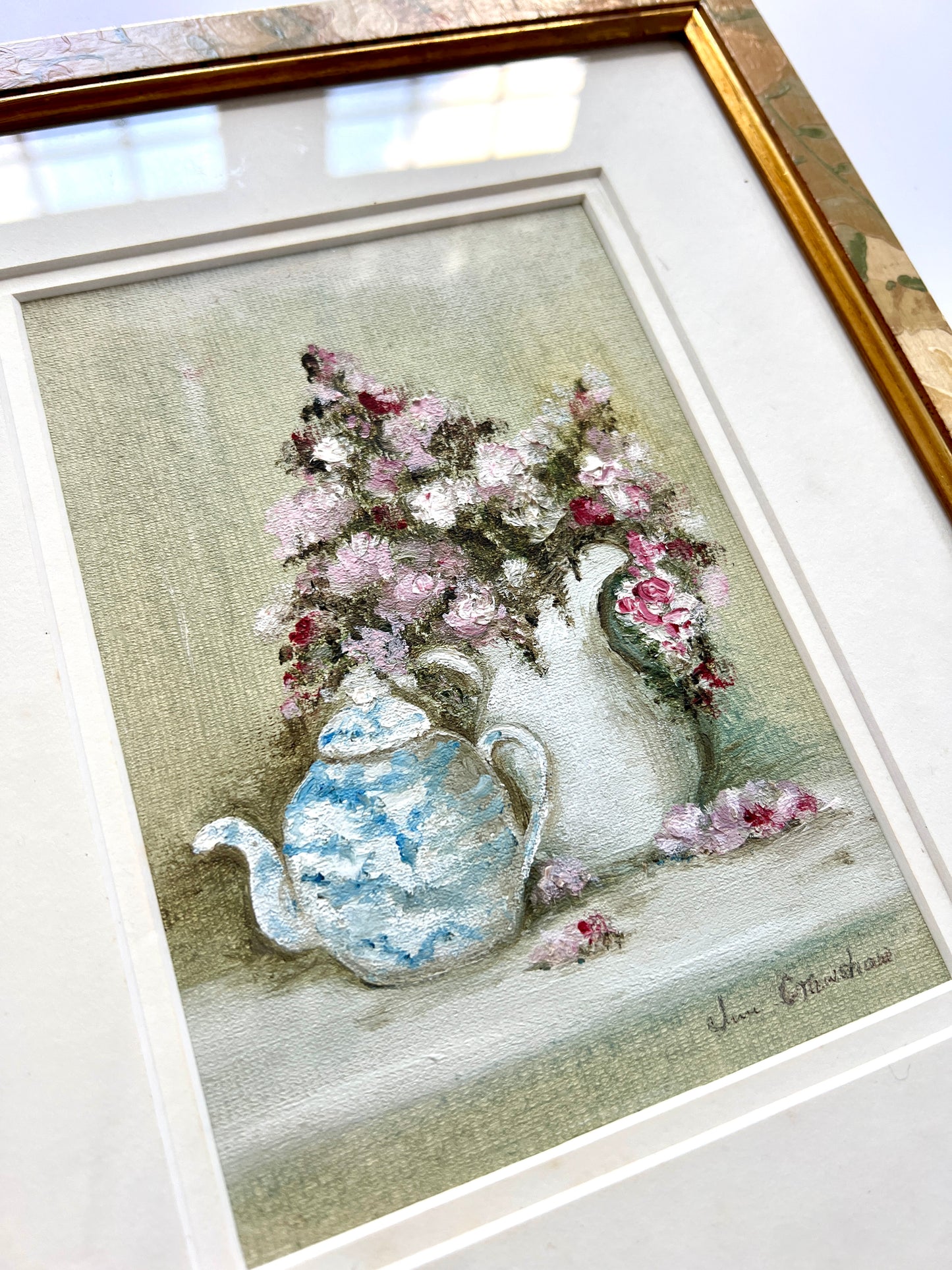 June Crawshaw Teapot Still Life Oil Painting in Marbled Painted Frame